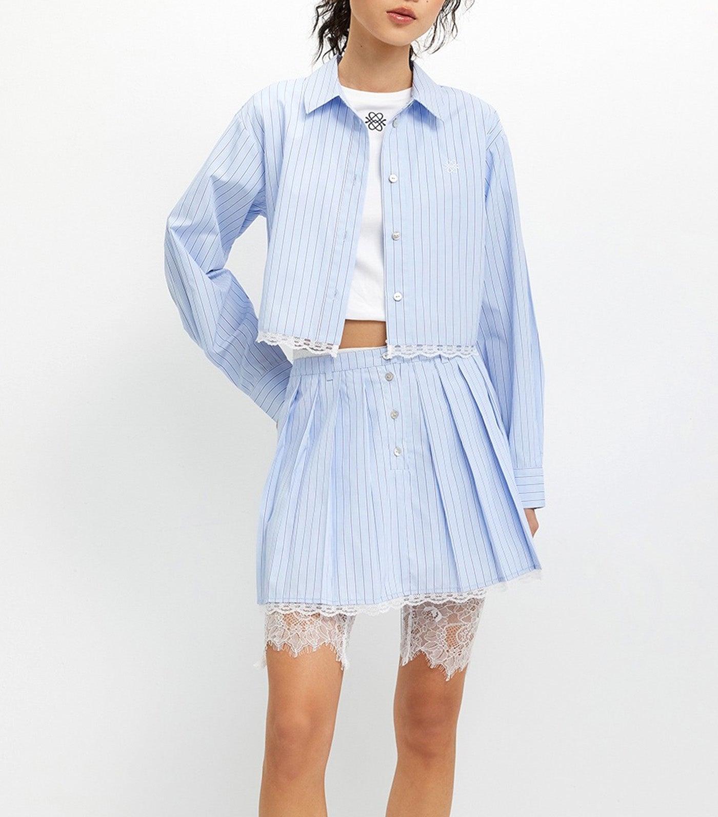 Striped Lace Trim Shirt Light Blue