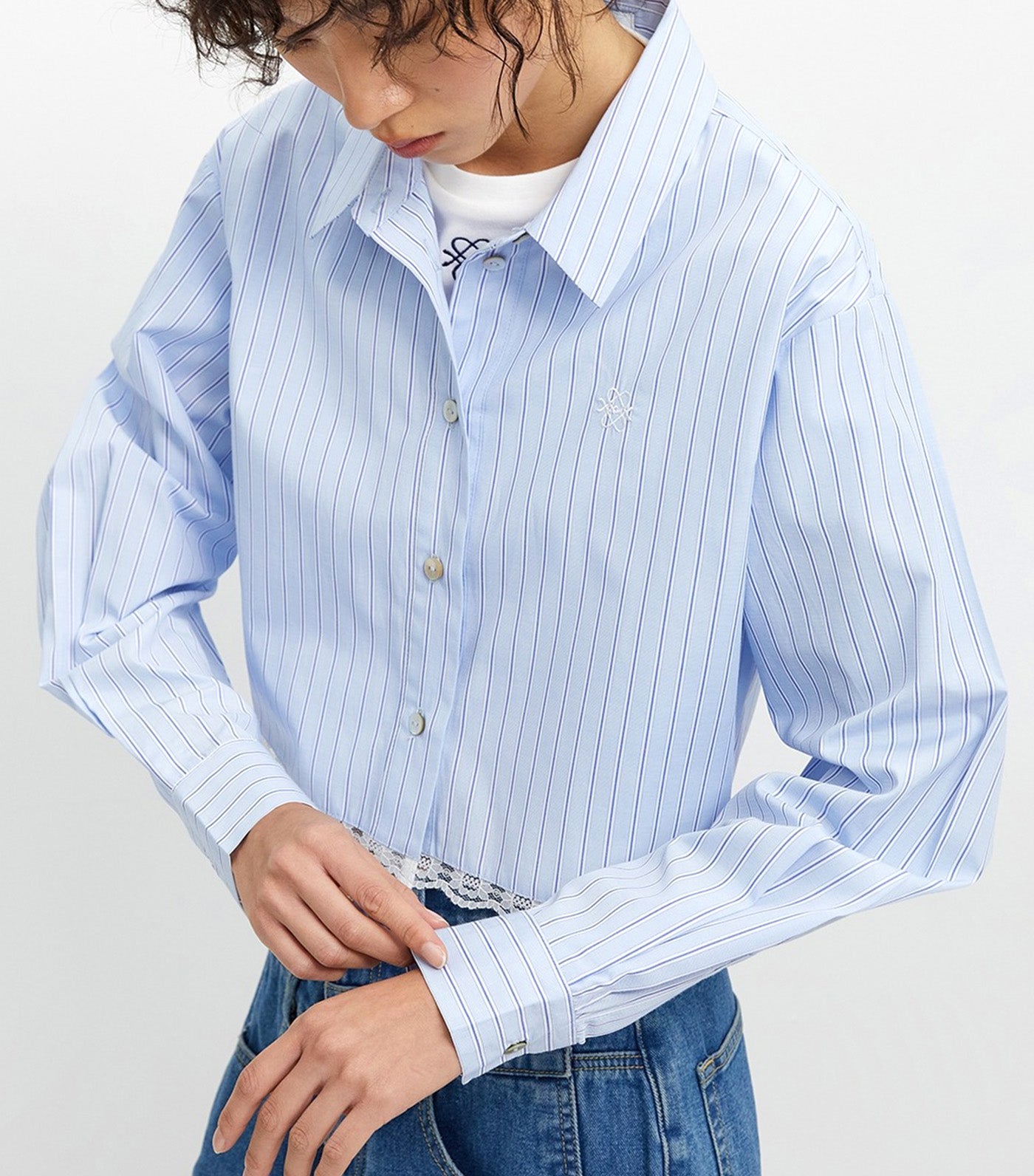 Striped Lace Trim Shirt Light Blue