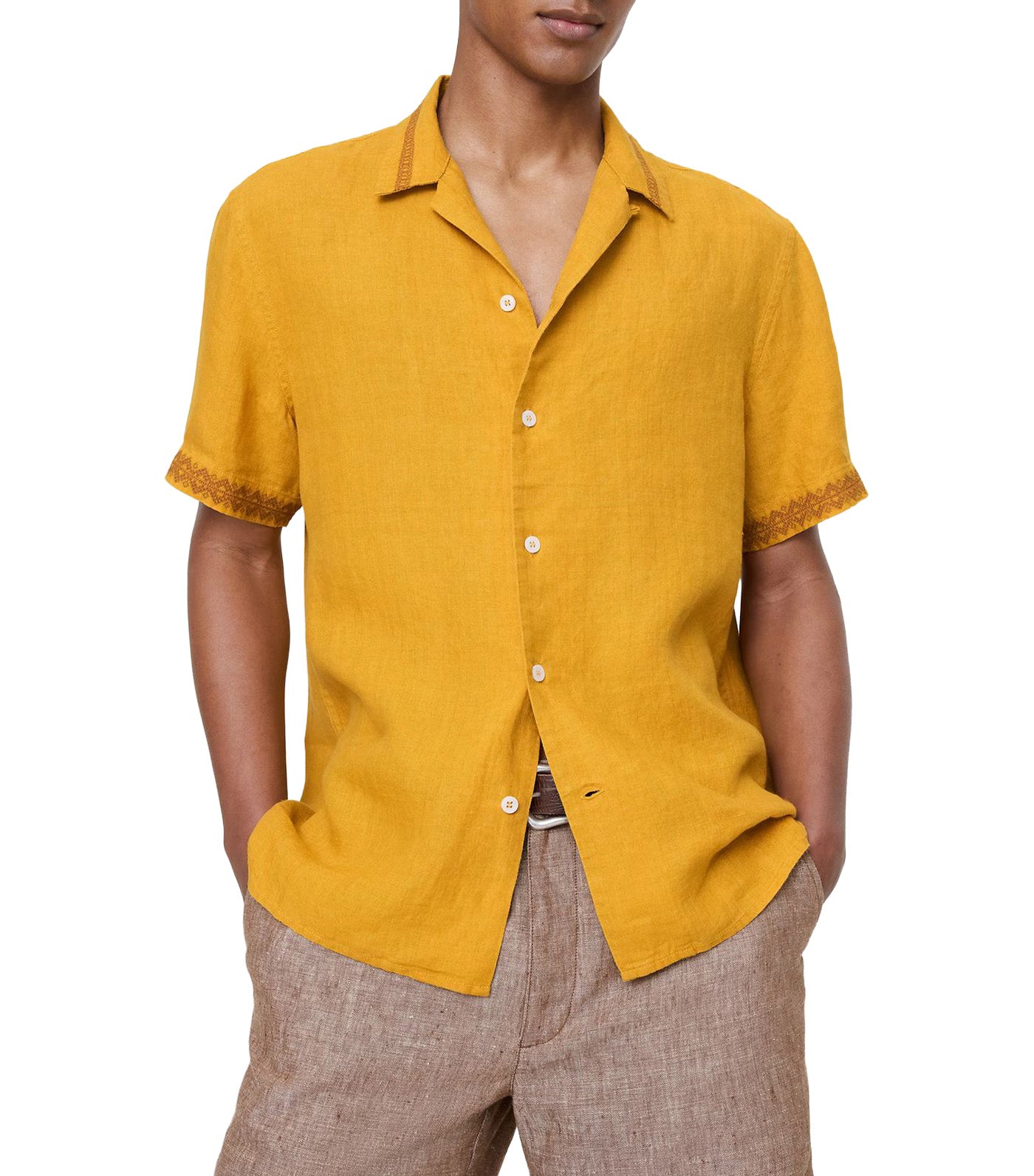 Standard-Fit Embroidered Linen Resort Shirt Mustard