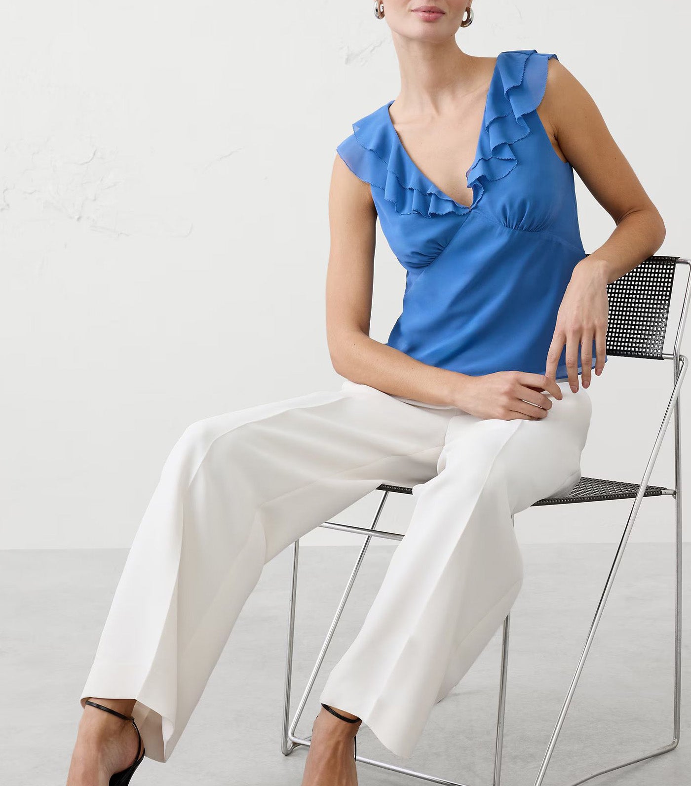 Banana Republic Ruffle V-Neck Chiffon Top Indigo Crush