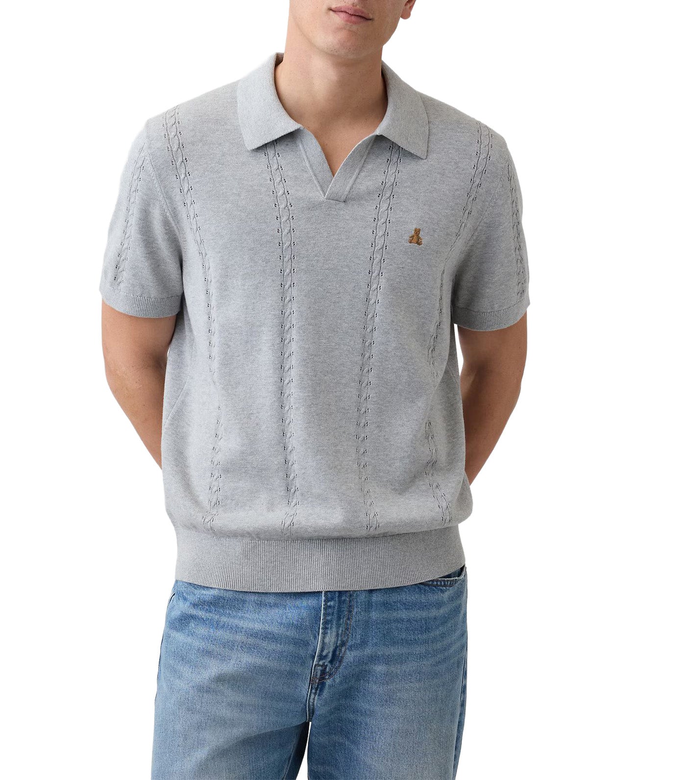 Relaxed Johnny Collar Pointelle Sweater Shirt Gray