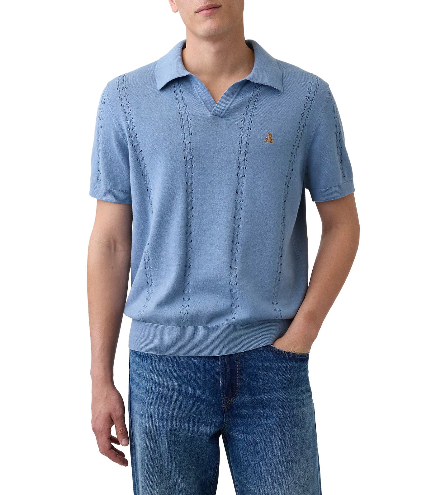 Relaxed Johnny Collar Pointelle Sweater Shirt Blue
