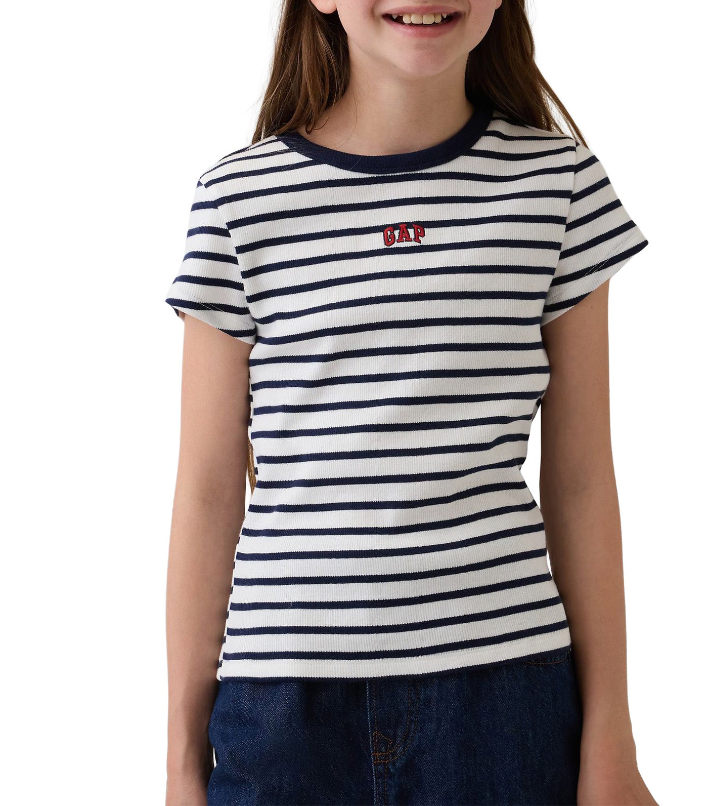 Kids Embroidered Rib T-Shirt Navy Stripe