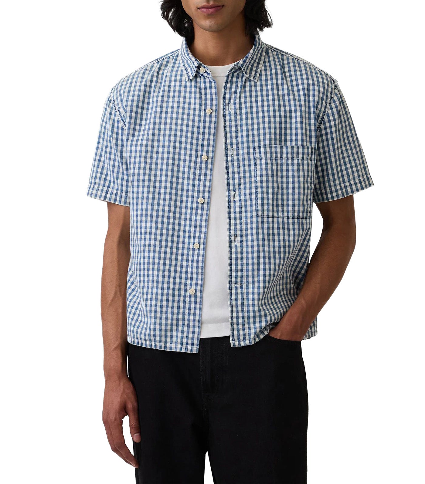 Gingham Denim Relaxed Straight-Hem Shirt Blue