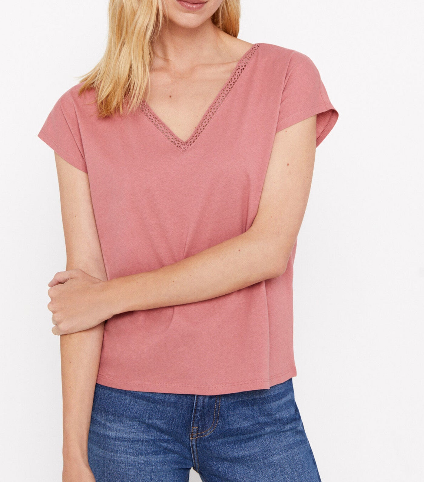 V-Neck T-Shirt with Lace Detail Pink