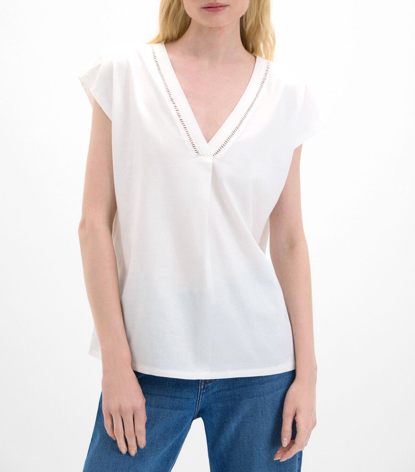 V-Neck T-Shirt with Lace Detail White