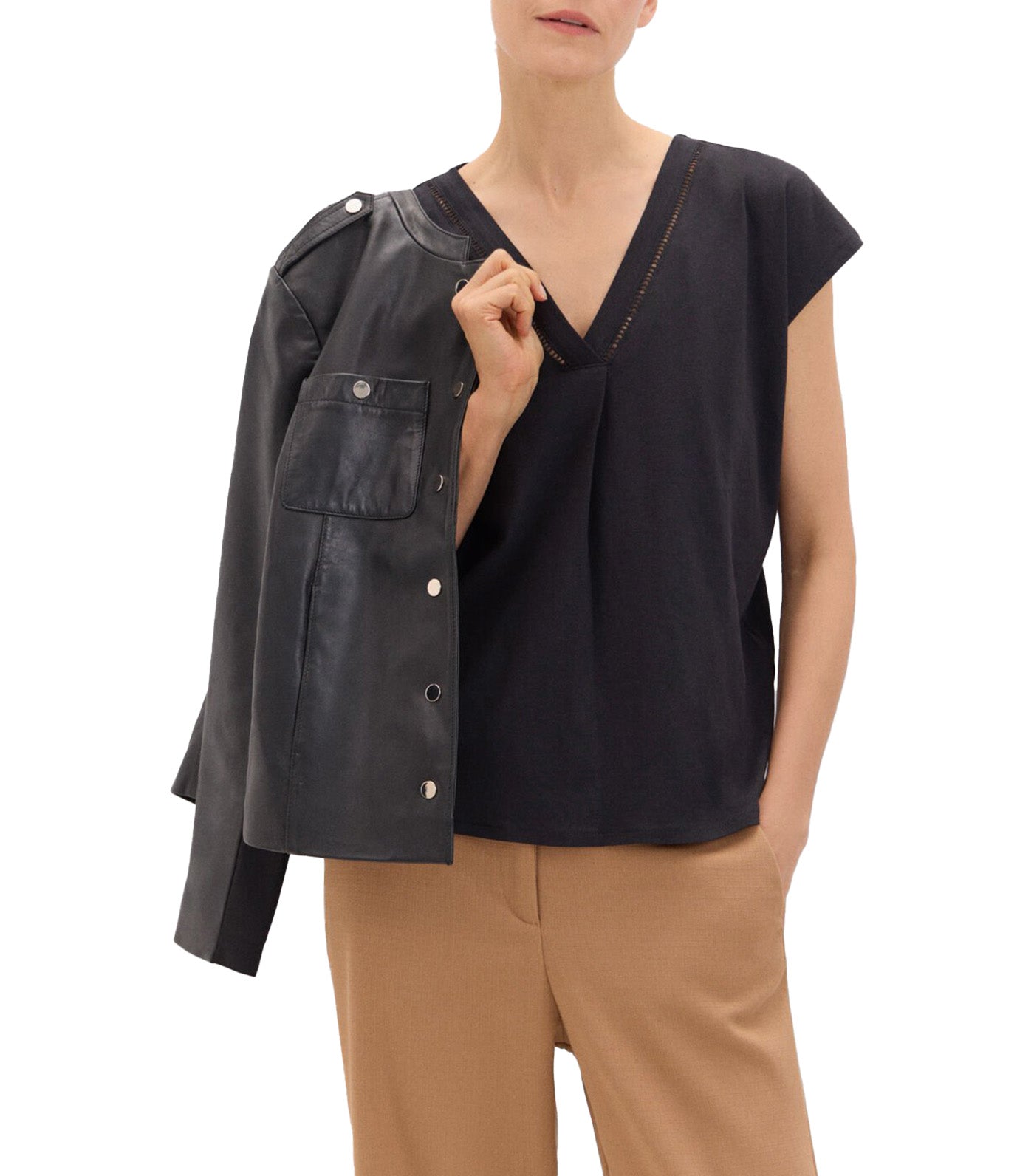 V-Neck T-Shirt with Lace Detail Black