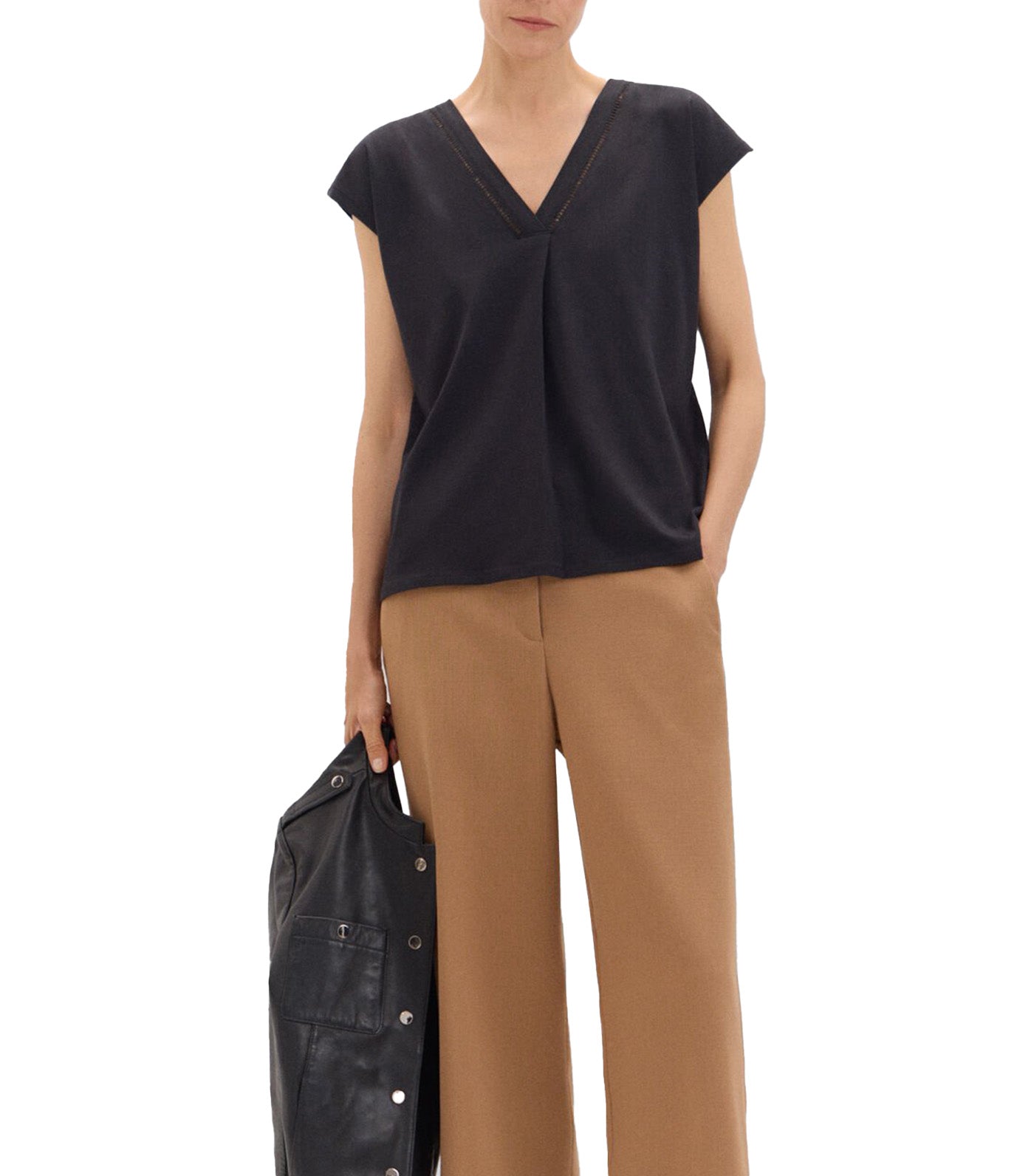 V-Neck T-Shirt with Lace Detail Black