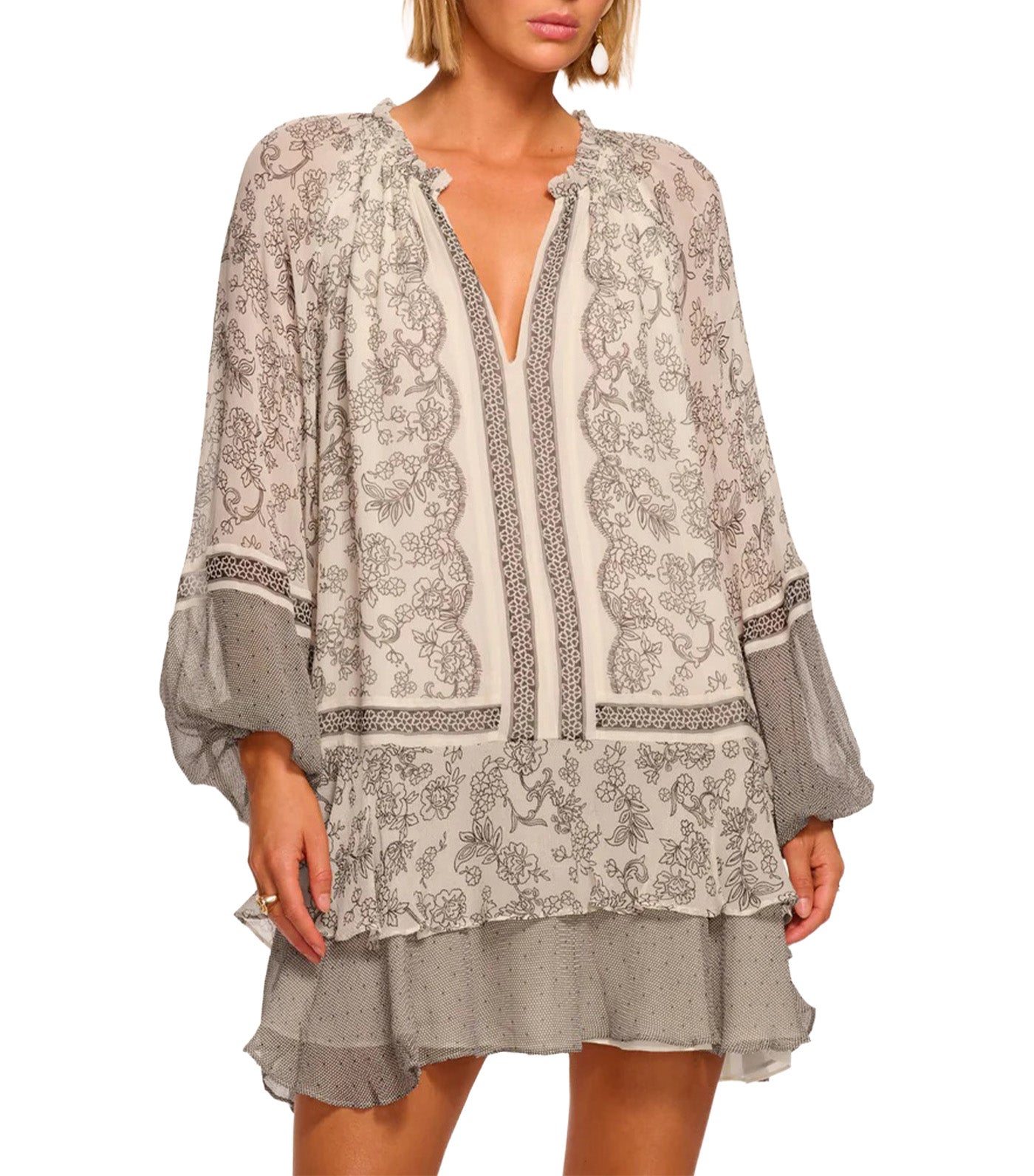 Josefine Printed Silk Long Sleeve Mini Dress Bone/Black Floral
