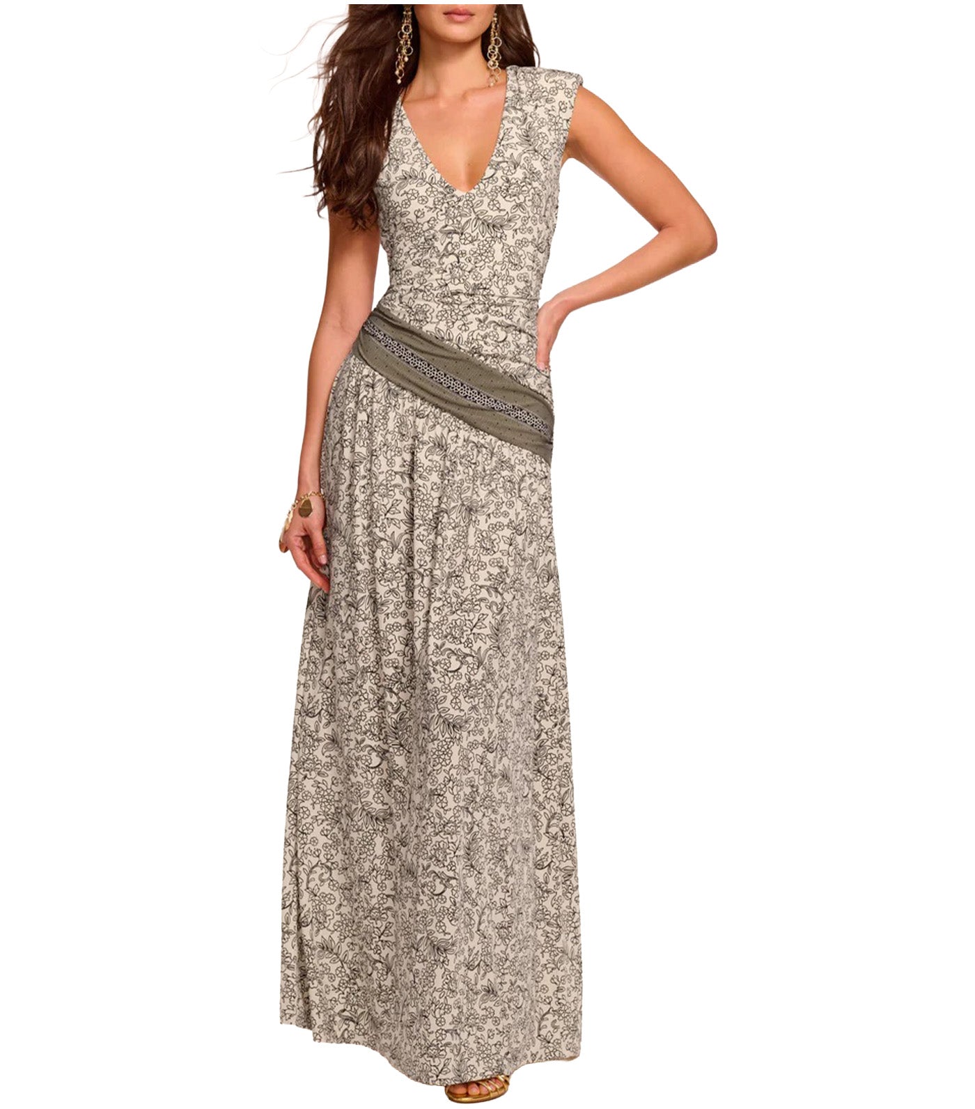 Jamie Jersey Ruched V-Neck Maxi Dress Bone/Black Floral