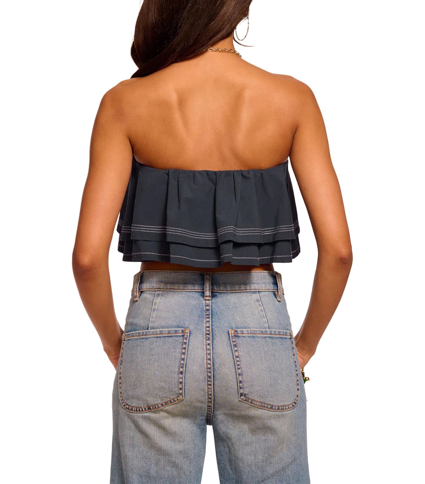 Ramy Brook Poppy Cotton Poplin Tiered Crop Top Navy