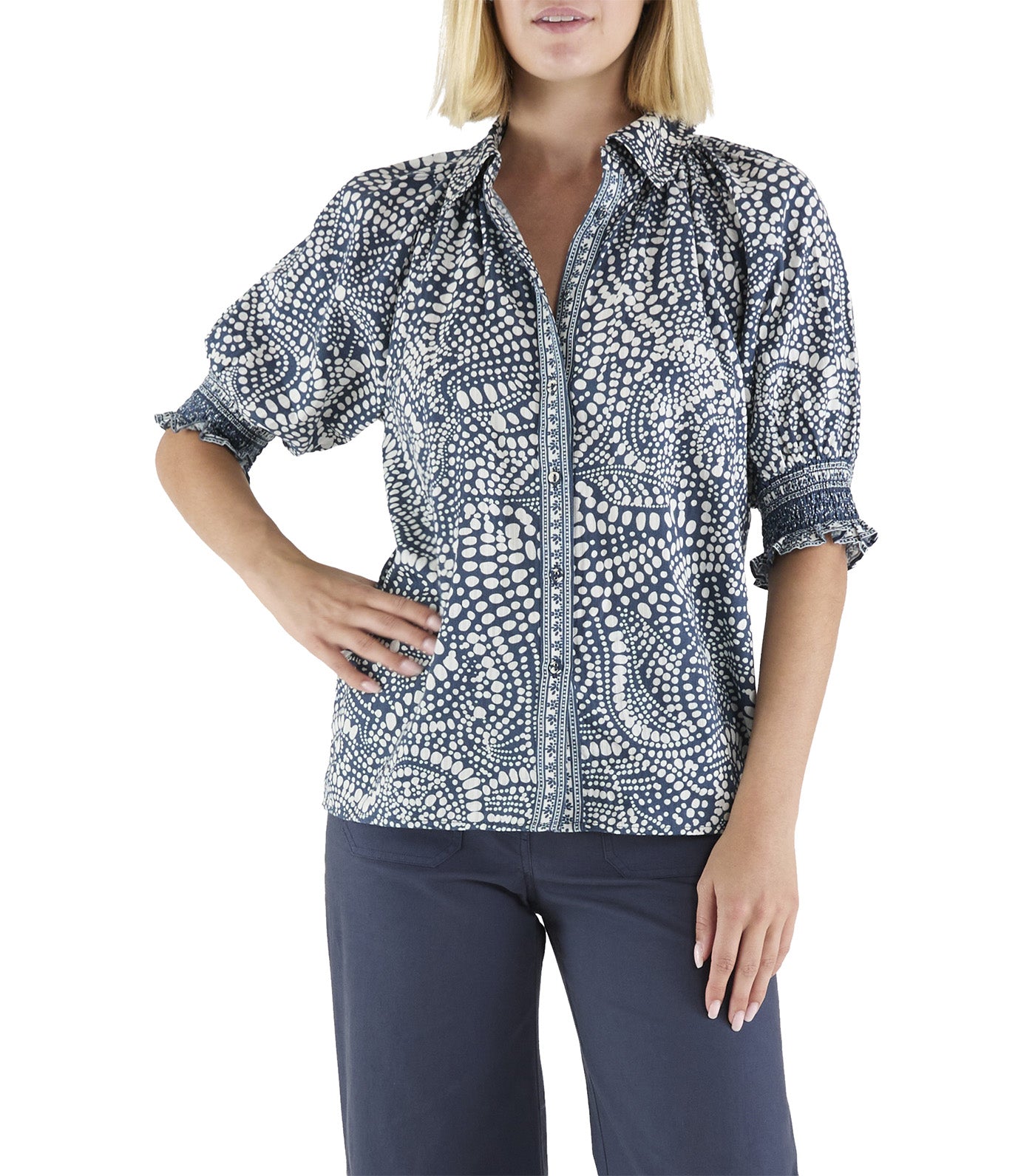 Ramy Brook Freya Cotton Button-Up Shirt Navy Dot