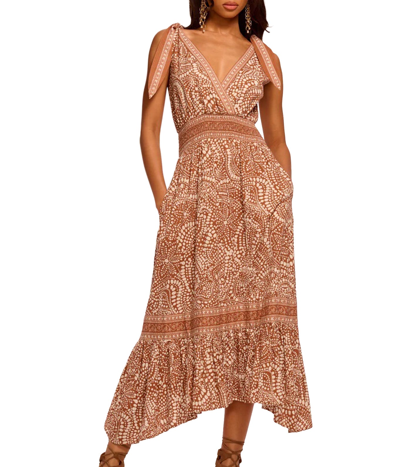 Ramy Brook Mariam Smocked Waist Midi Dress Coffee Dot