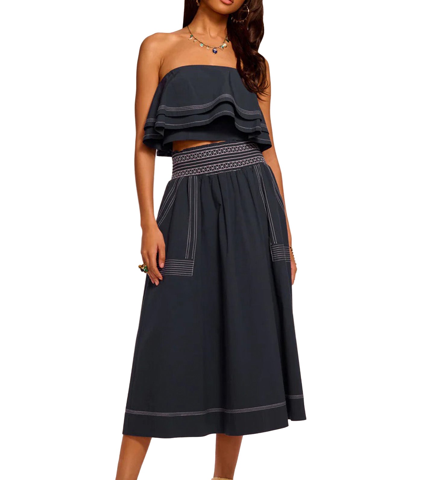Galia Cotton Poplin Smocked Maxi Skirt Navy