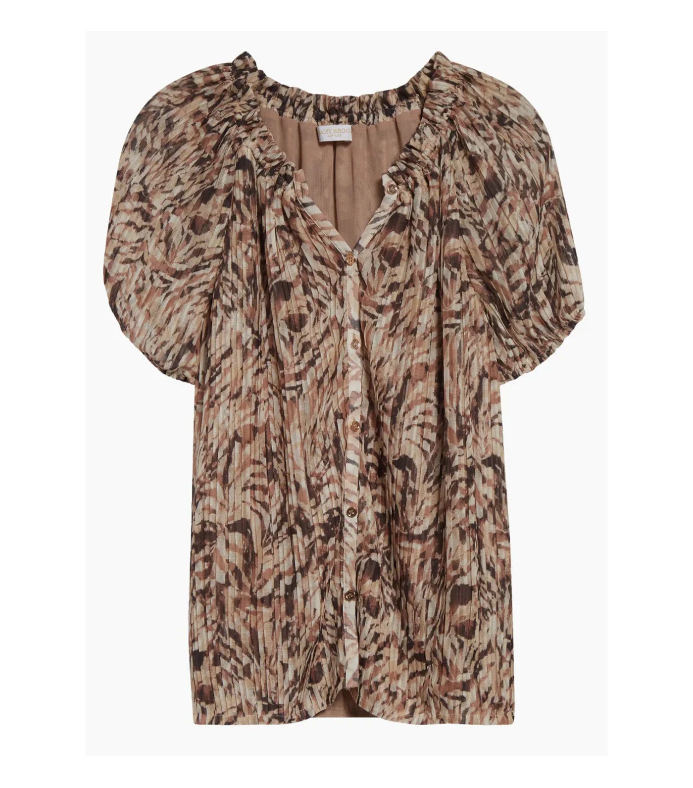 Soraya Pleated Puff-Sleeve Blouse Brown Tulum