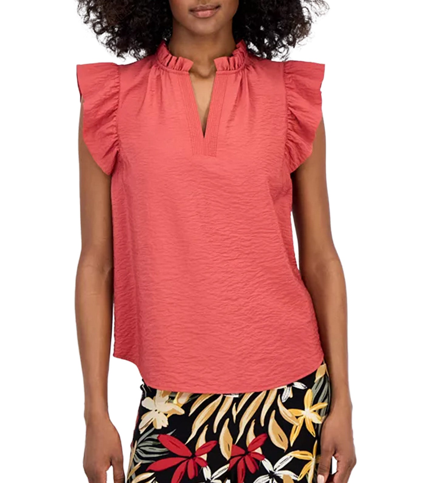 Women's Sleeveless Textured Ruffle Blouse Dark Red
