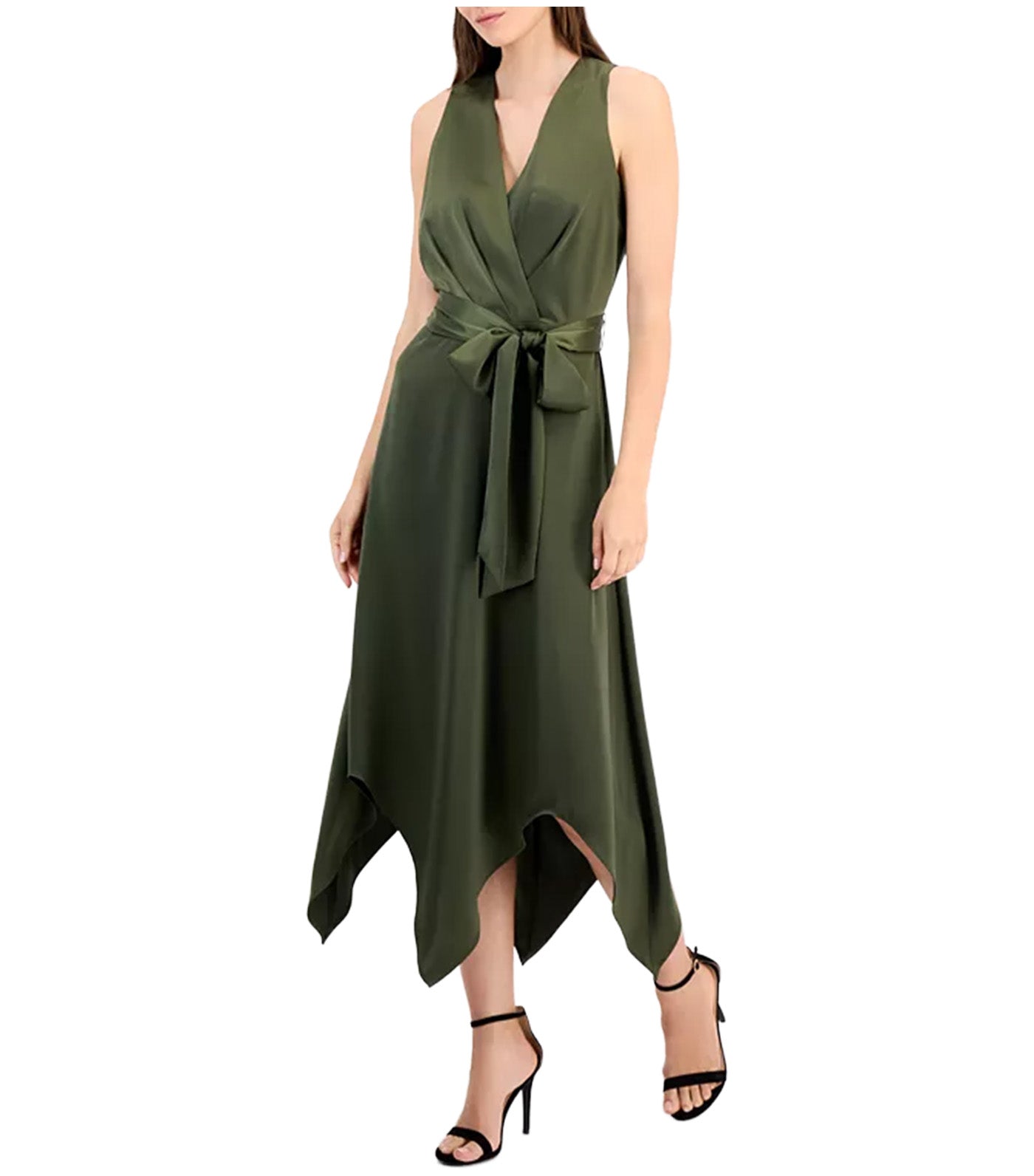 Women's Surplice Handkerchief-Hem Sleeveless Midi Dress Dark Green