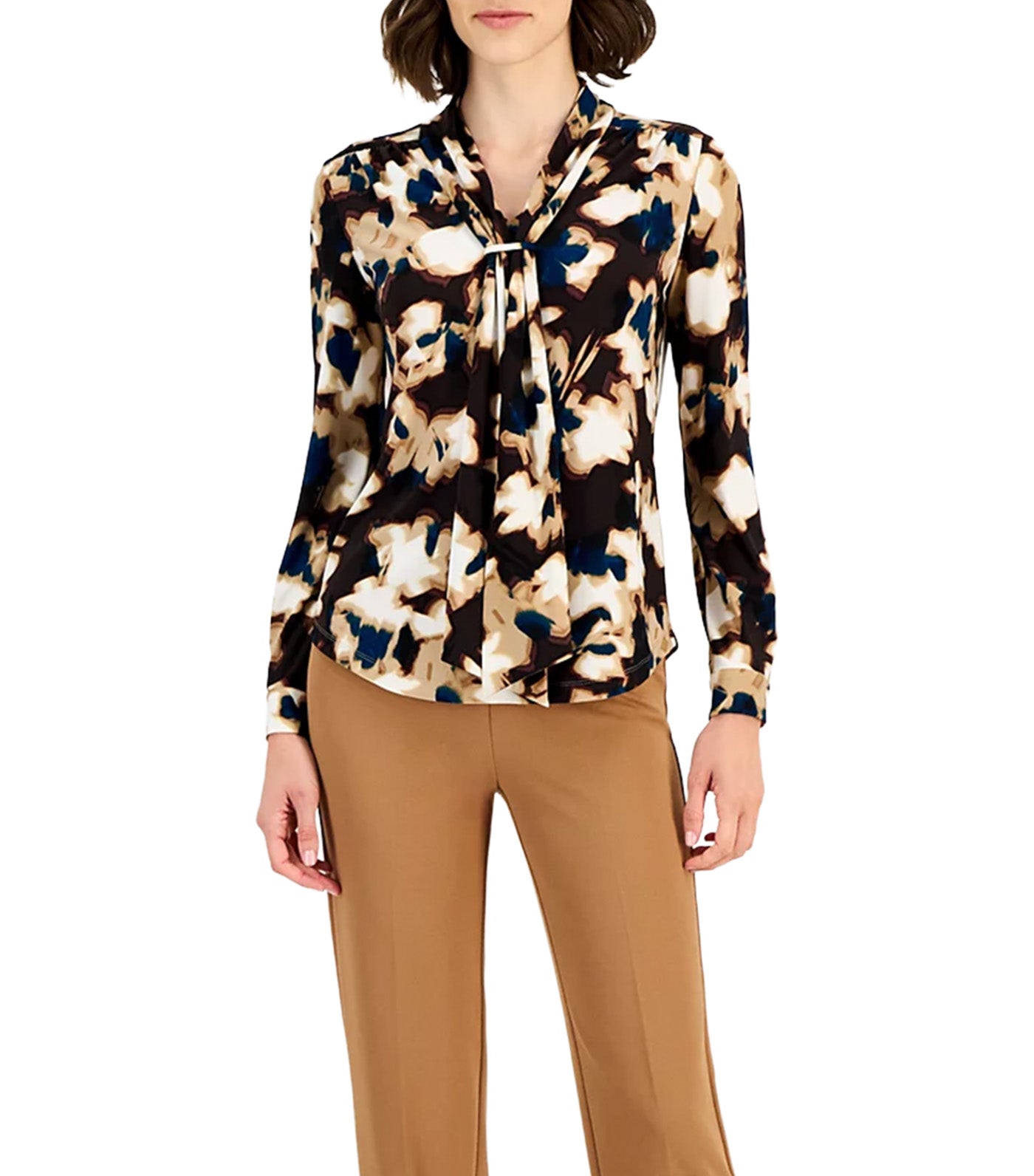 Women's Scarf-Neck Printed Blouse Black Multi