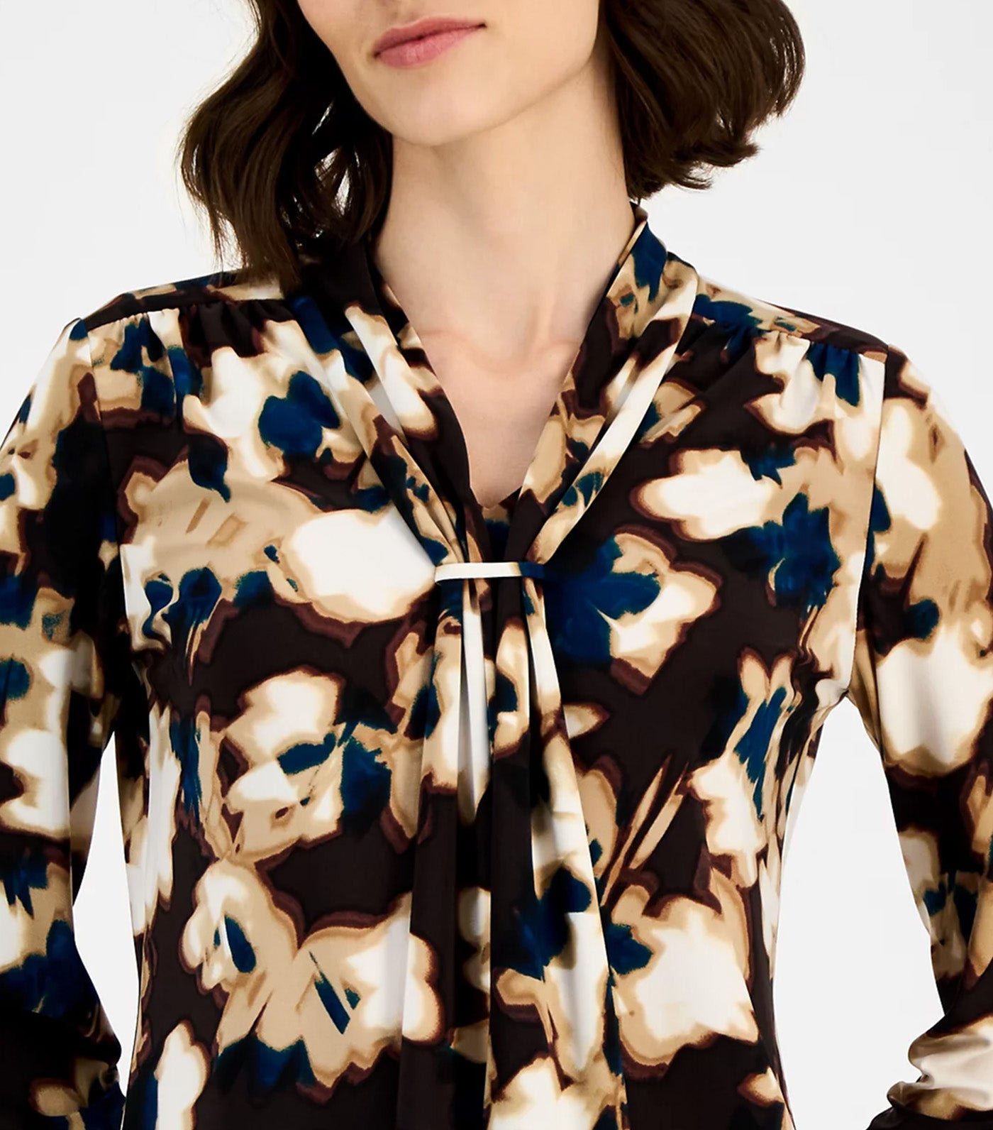 Women's Scarf-Neck Printed Blouse Black Multi