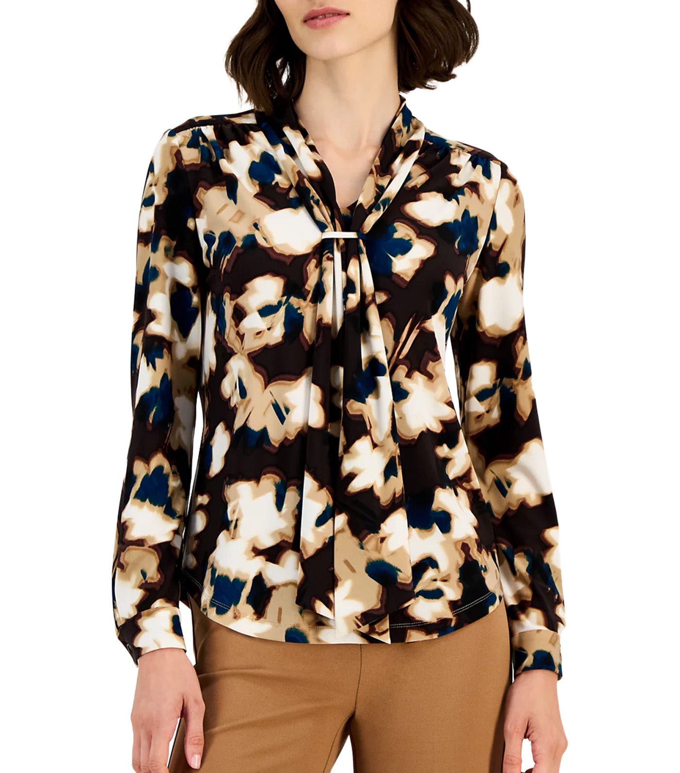 Women's Scarf-Neck Printed Blouse Black Multi