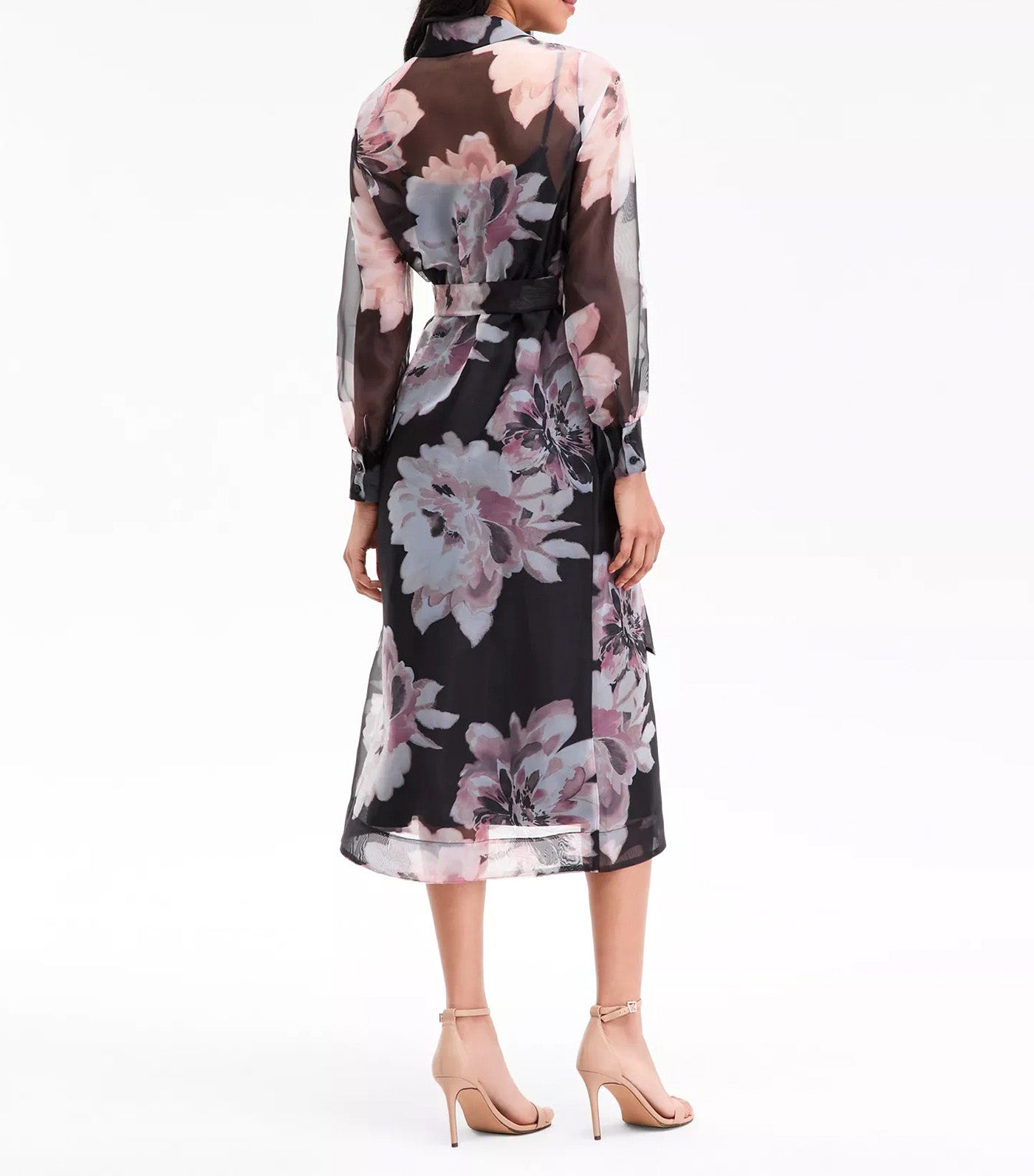 Anne Klein Women's Floral Organza Long-Sleeve Shirtdress Black Multi