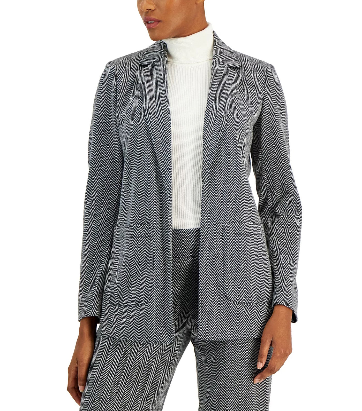 Anne Klein Women's Notched-Collar Herringbone Jacket Black Multi