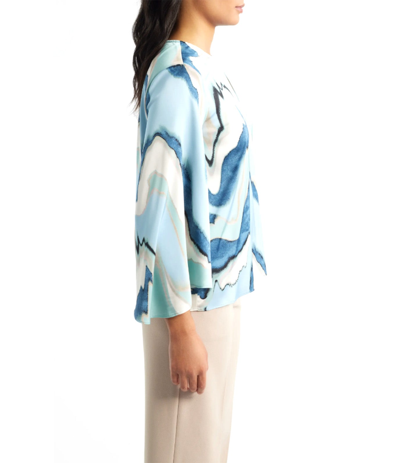 Anne Klein Abstract Print Keyhole Front Angel Sleeve Top Blue Multi