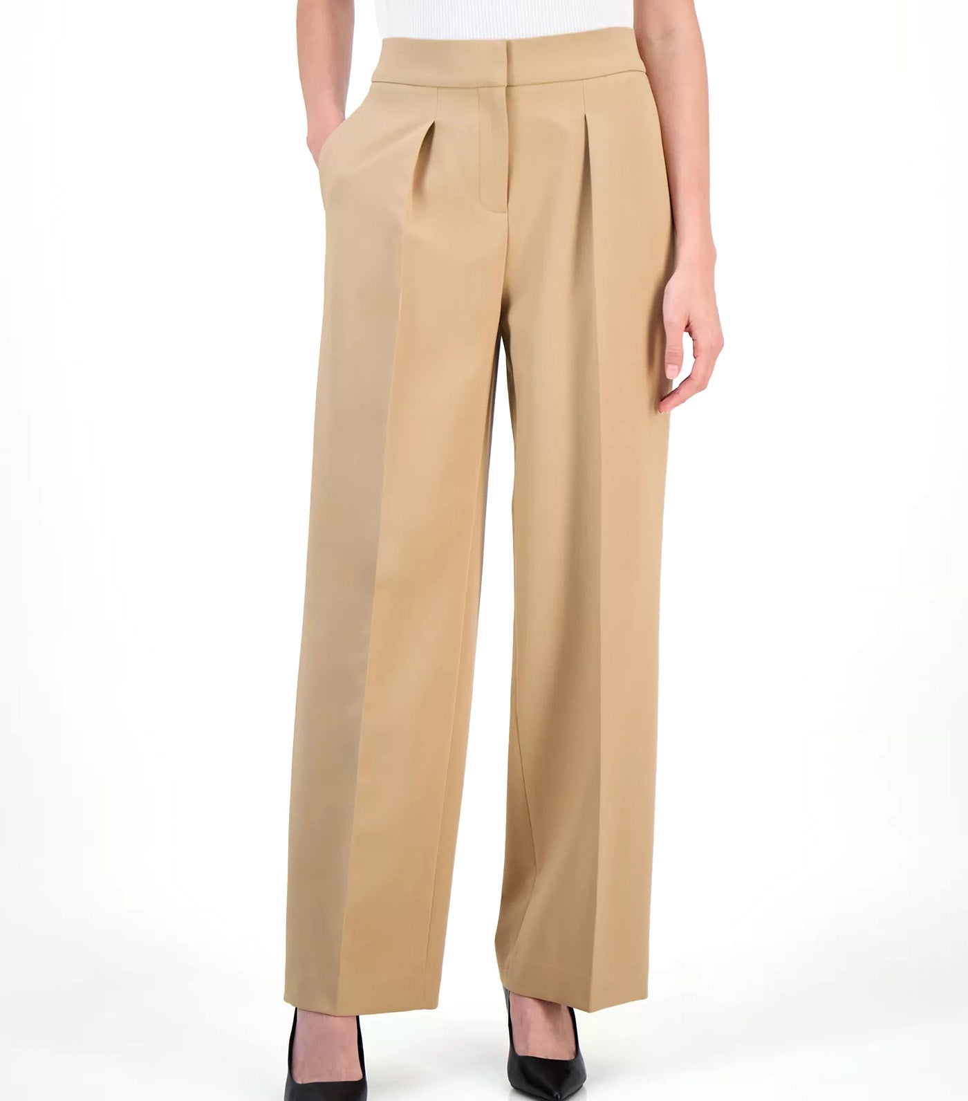 Anne Klein Women's High-Rise Pleated Wide-Leg Ultra-Fine-Twill Pants Light Brown