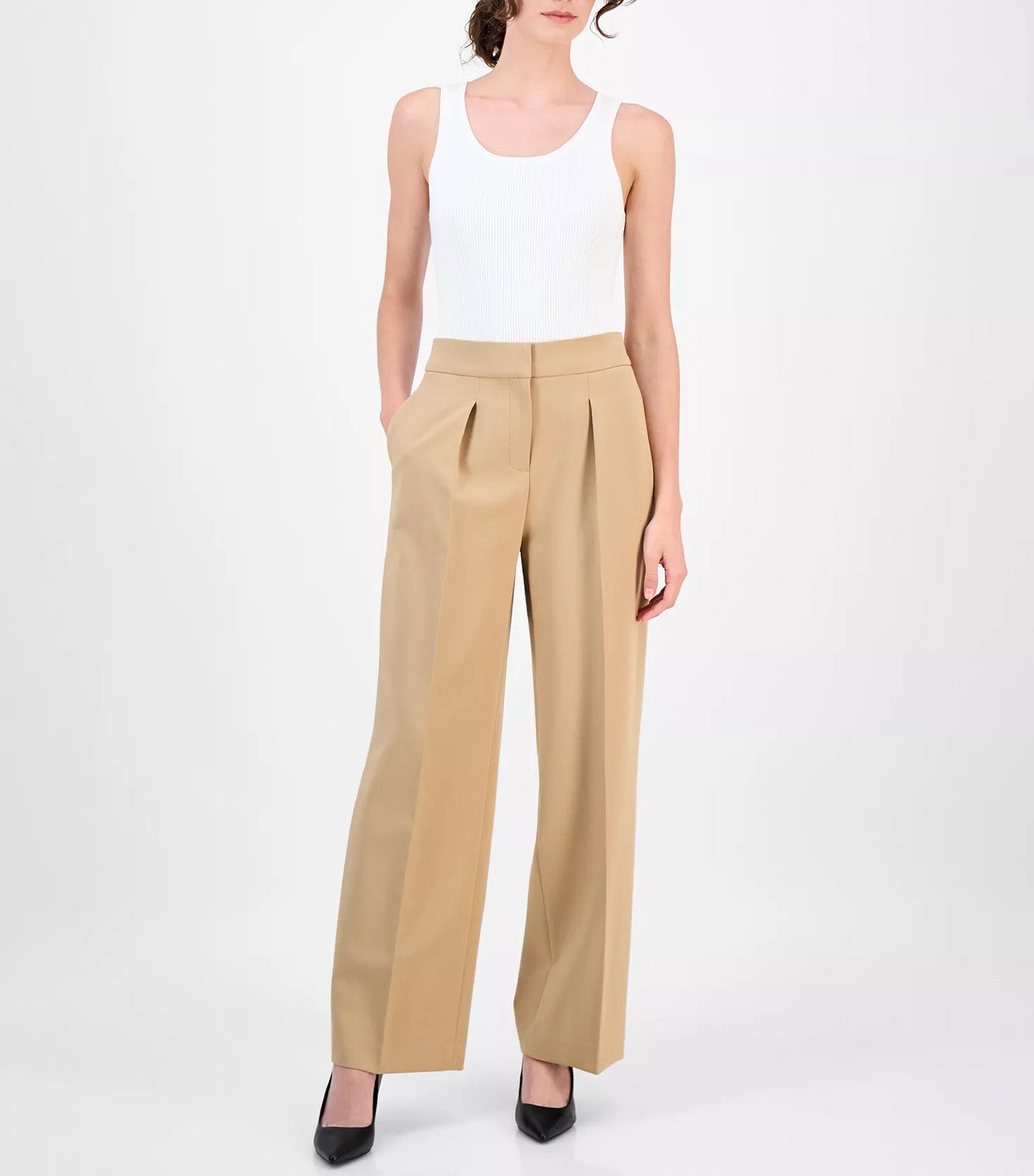 Anne Klein Women's High-Rise Pleated Wide-Leg Ultra-Fine-Twill Pants Light Brown