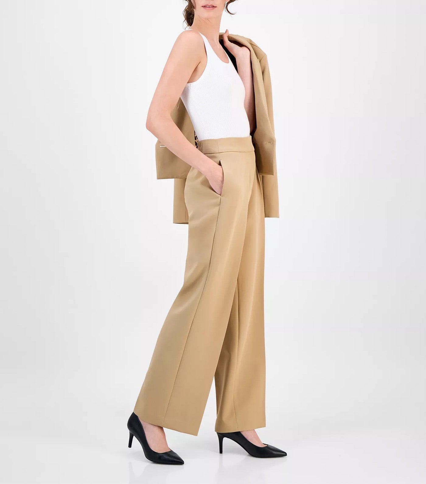 Anne Klein Women's High-Rise Pleated Wide-Leg Ultra-Fine-Twill Pants Light Brown