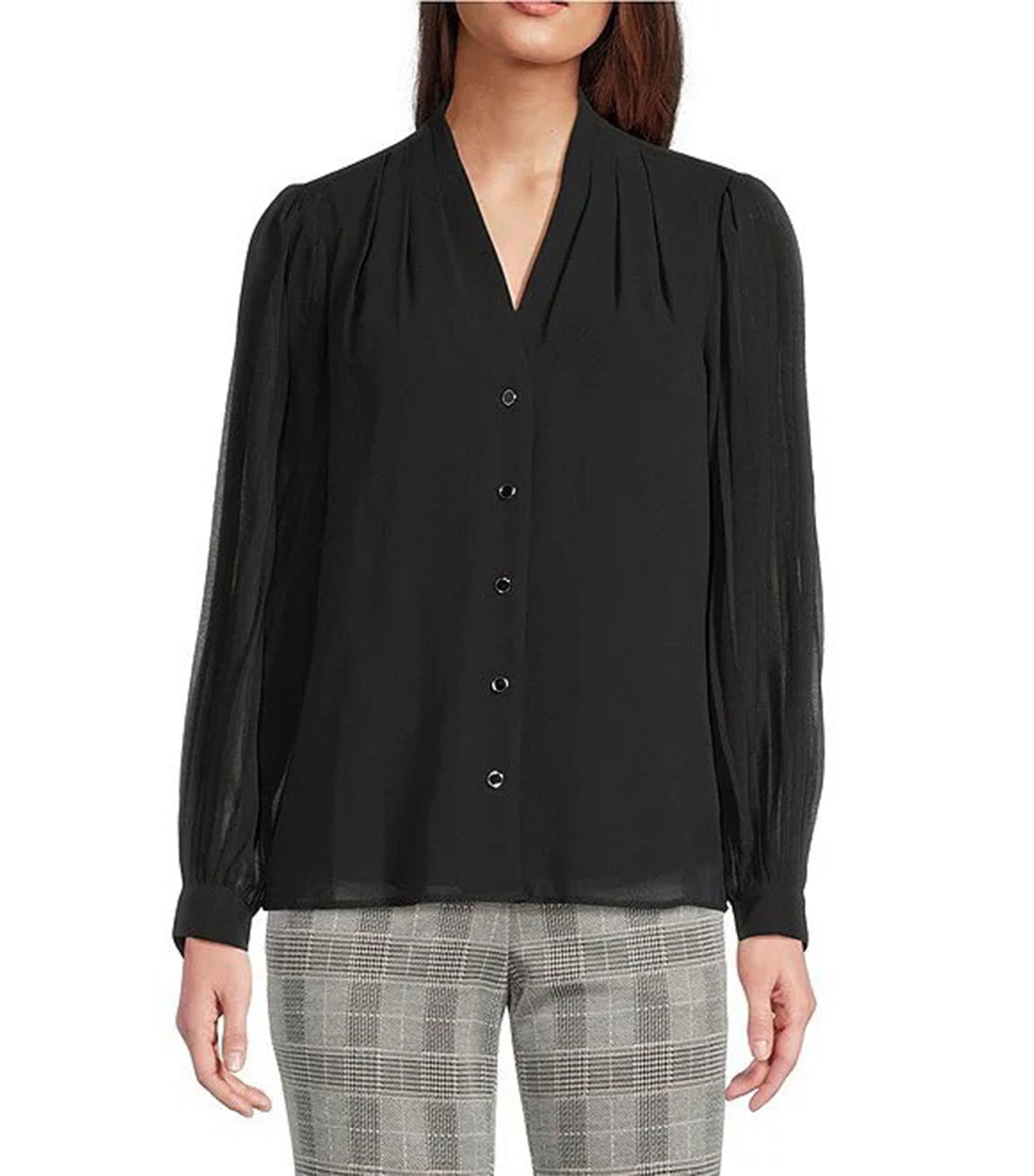 Anne Klein Pleat Front V-Neck Button-Up Shirt Black
