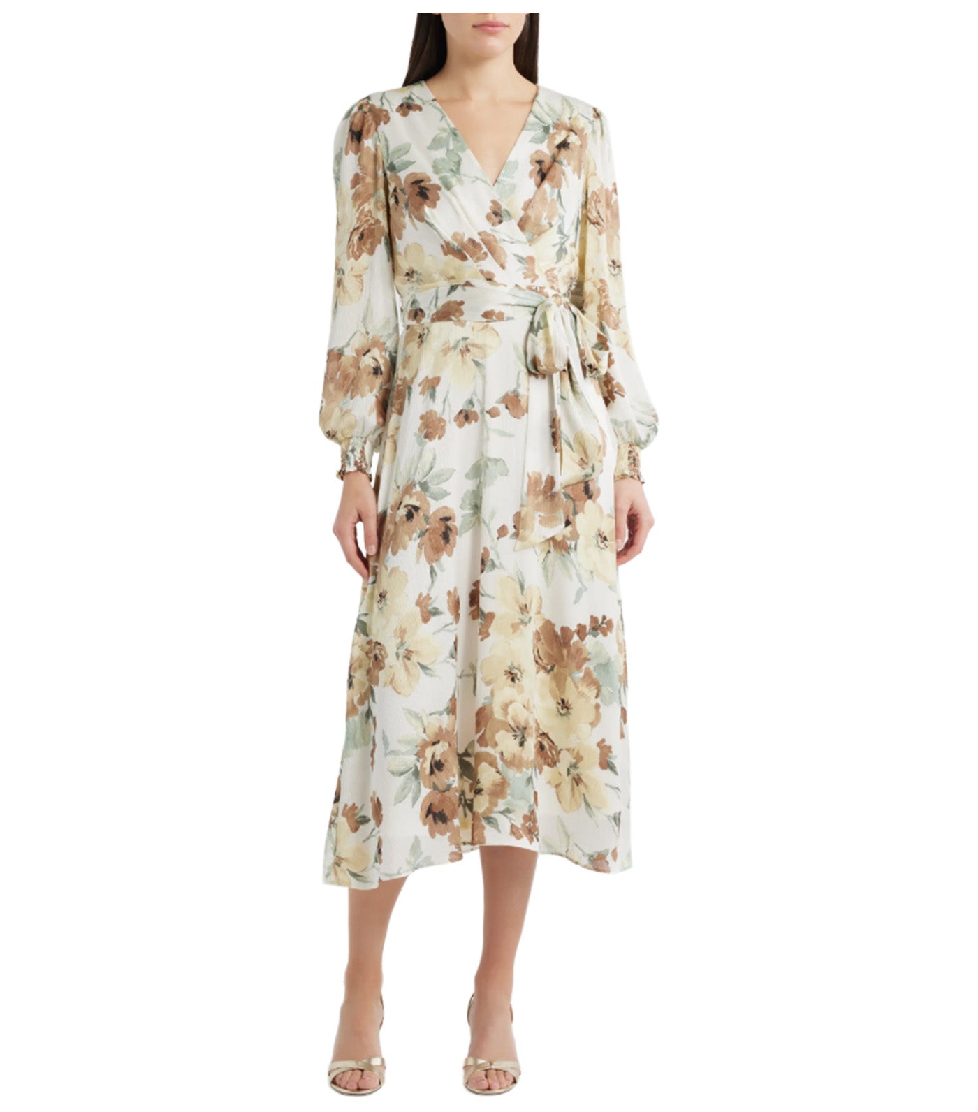 Handkerchief Hem Chiffon Dress with Smocked Cuffs White Multi