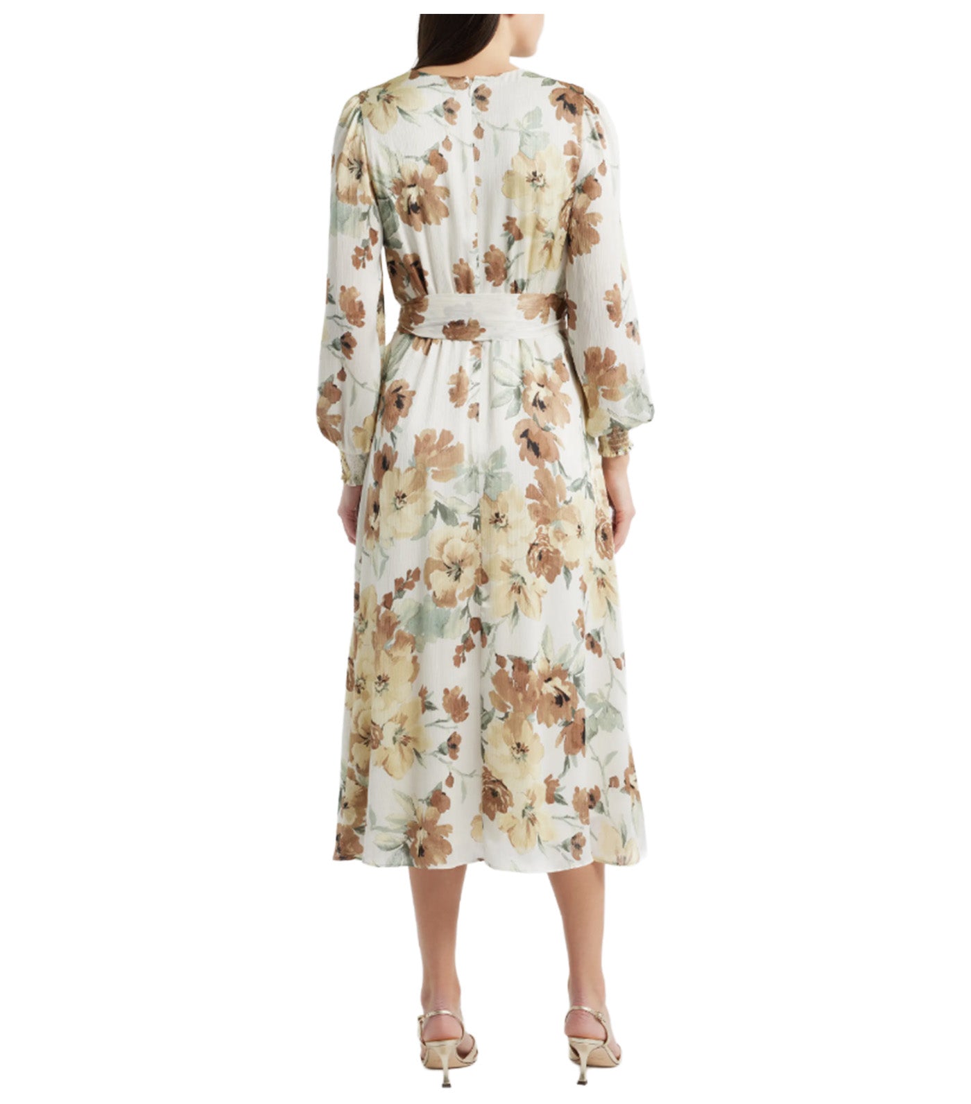 Handkerchief Hem Chiffon Dress with Smocked Cuffs White Multi