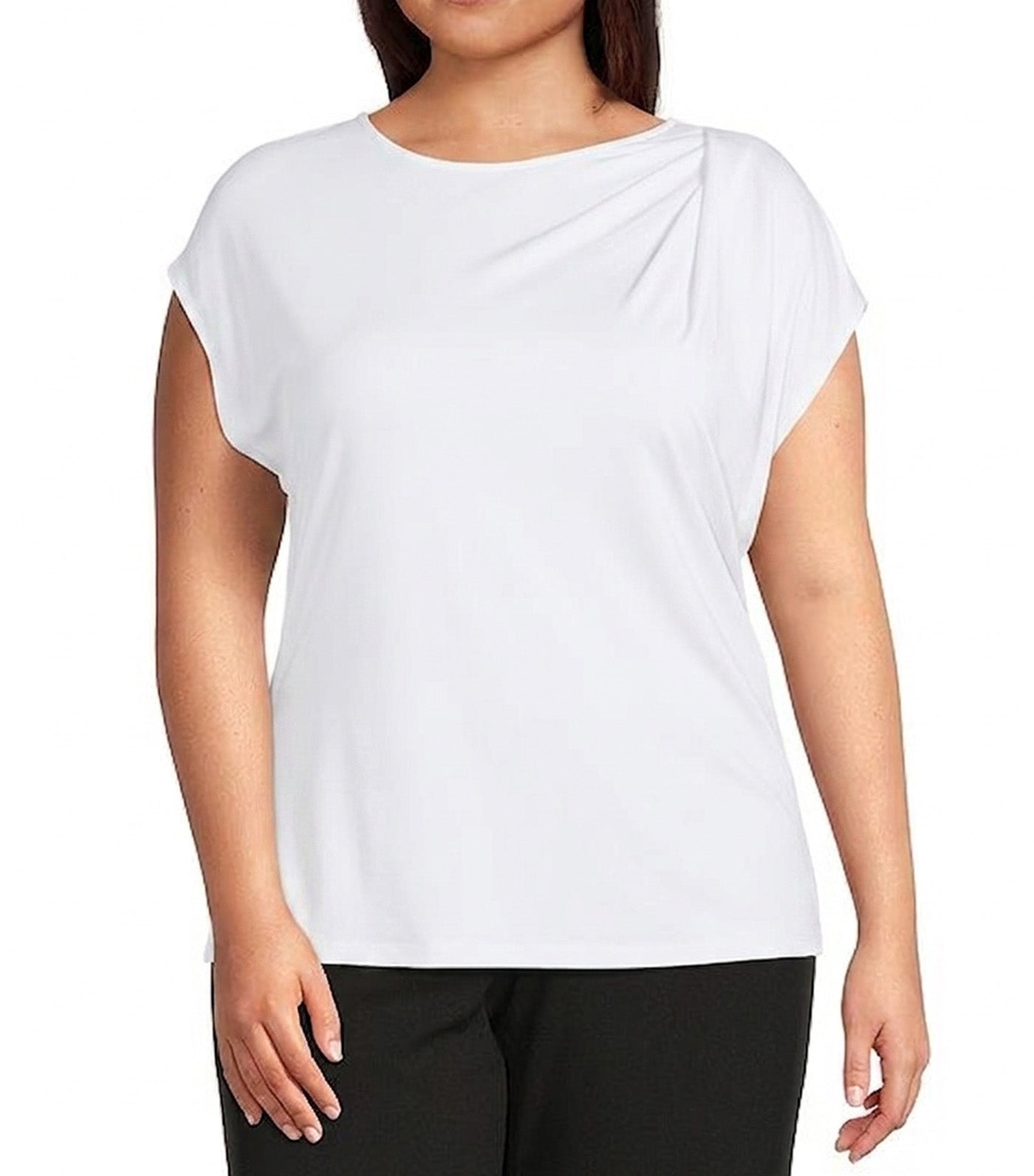 Round Neck Pleated Cap Sleeve Top White