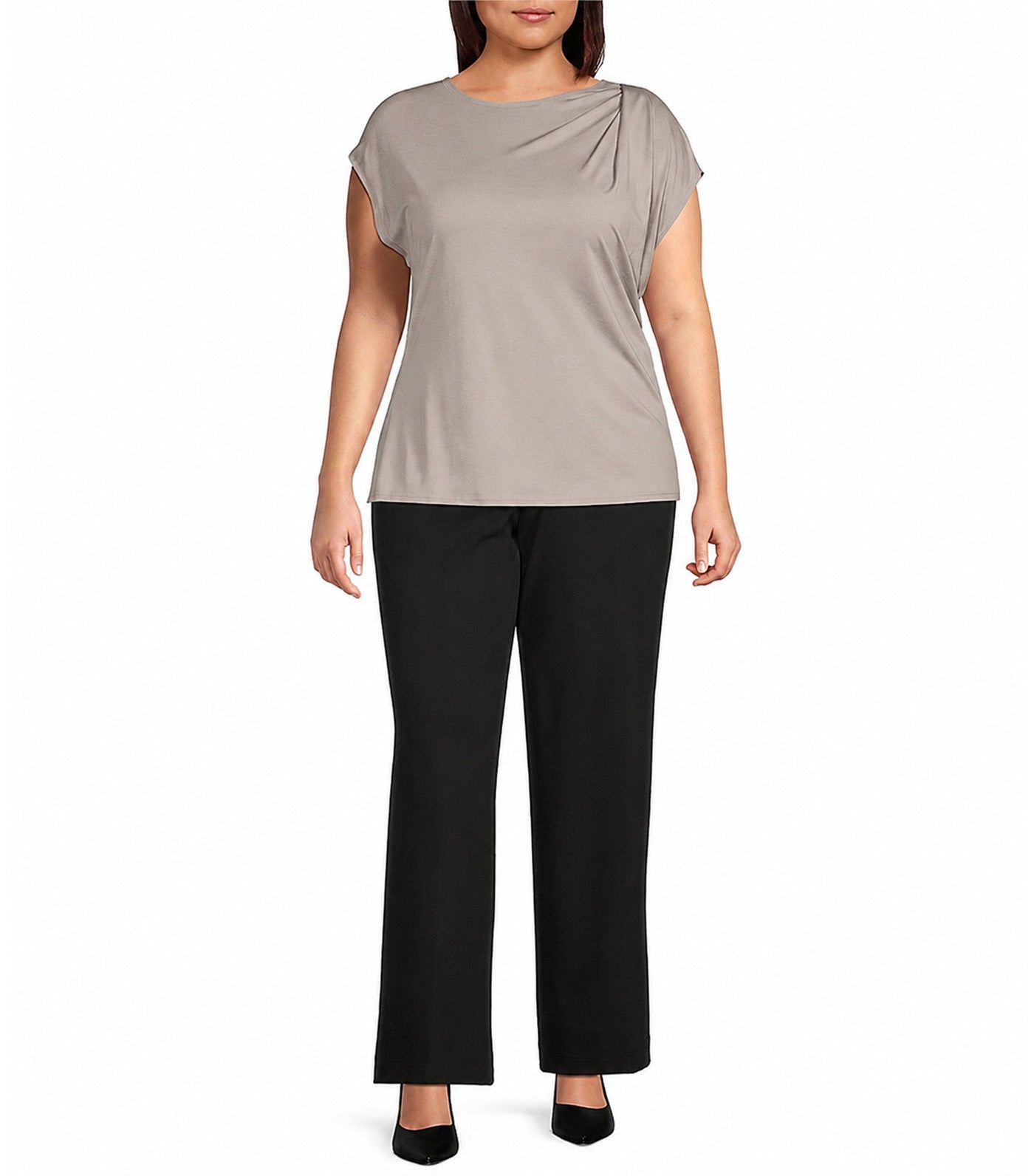 Round Neck Pleated Cap Sleeve Top Taupe