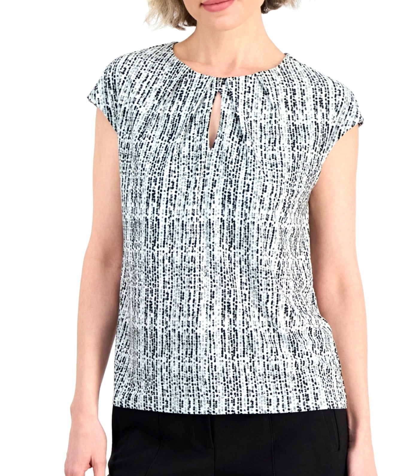 Pleat Keyhole Neck Short-Sleeve Top Black Multi