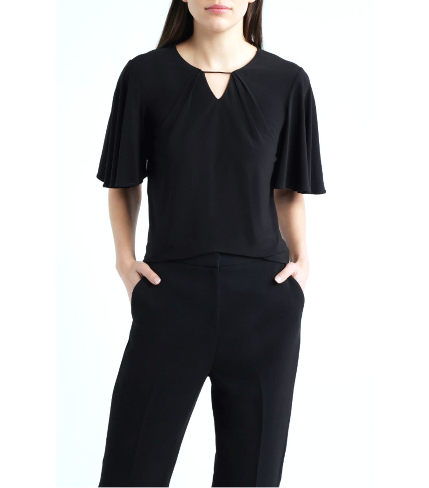 Pleat Neck Bell Sleeve Top Black