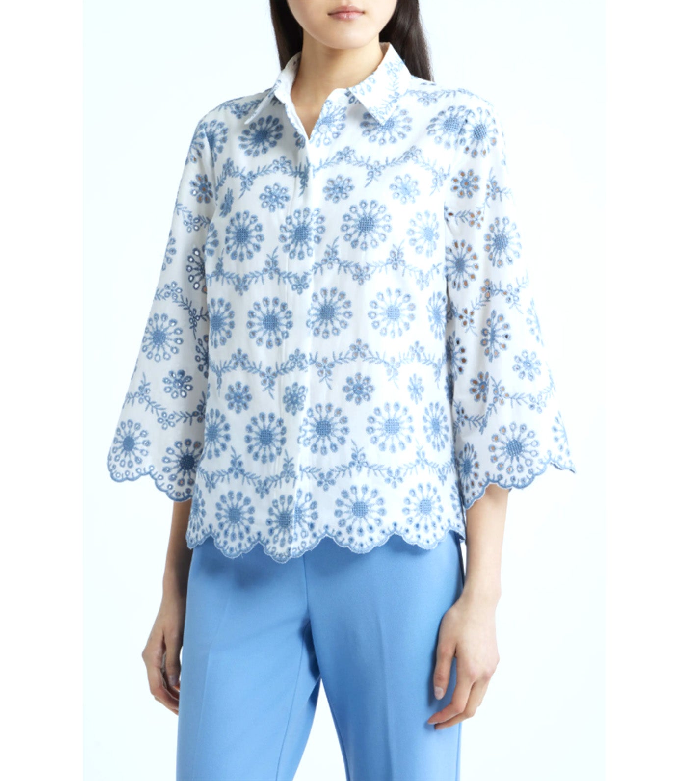Embroidered Eyelet Cotton Button-Up Shirt White Multi