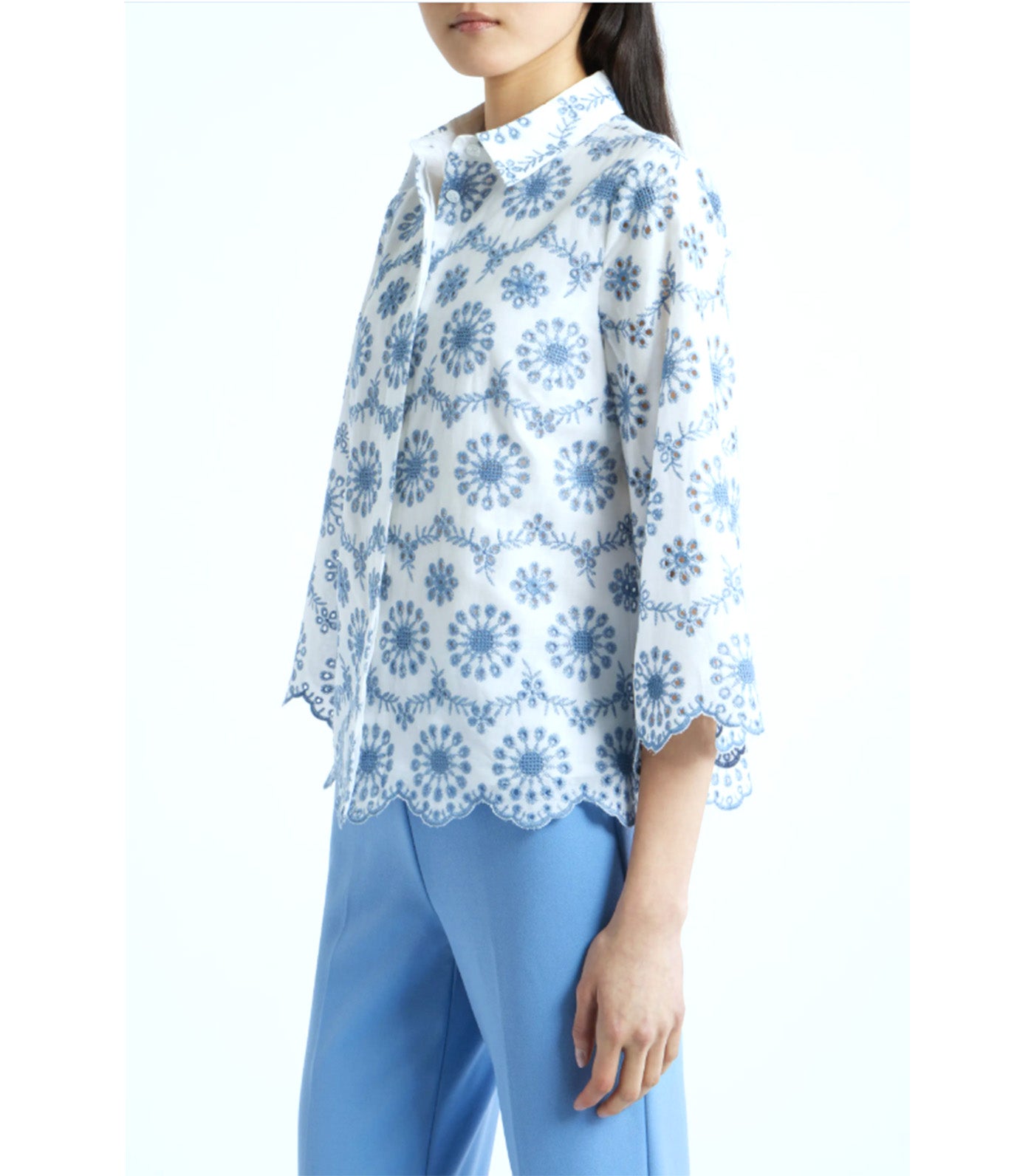 Embroidered Eyelet Cotton Button-Up Shirt White Multi