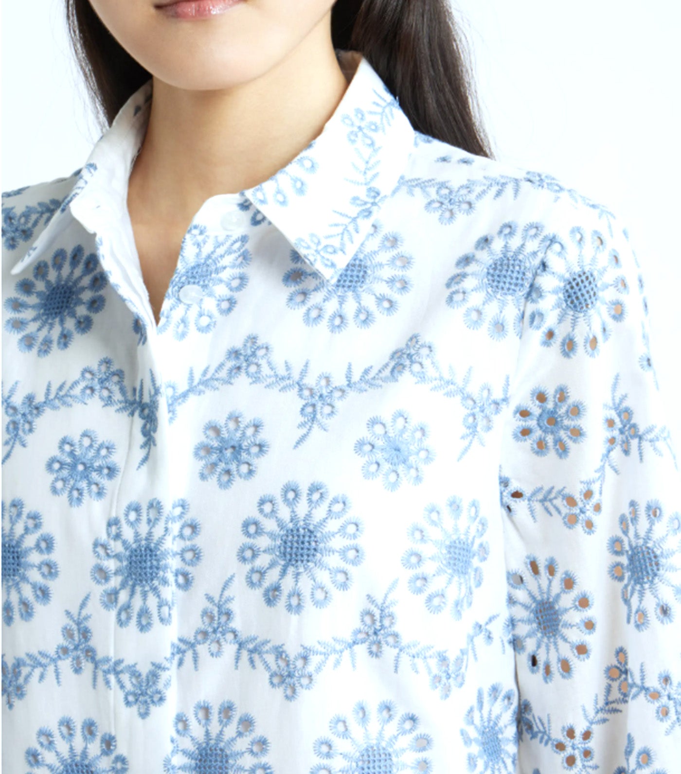 Embroidered Eyelet Cotton Button-Up Shirt White Multi