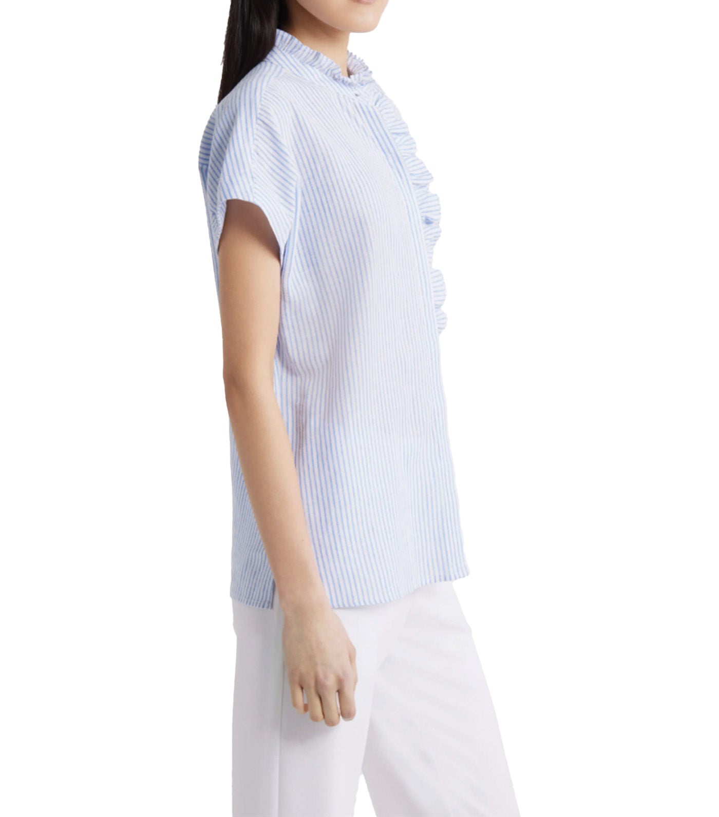 Pinstripe Ruffle Trim Linen Blend Button-Up Top Blue Multi