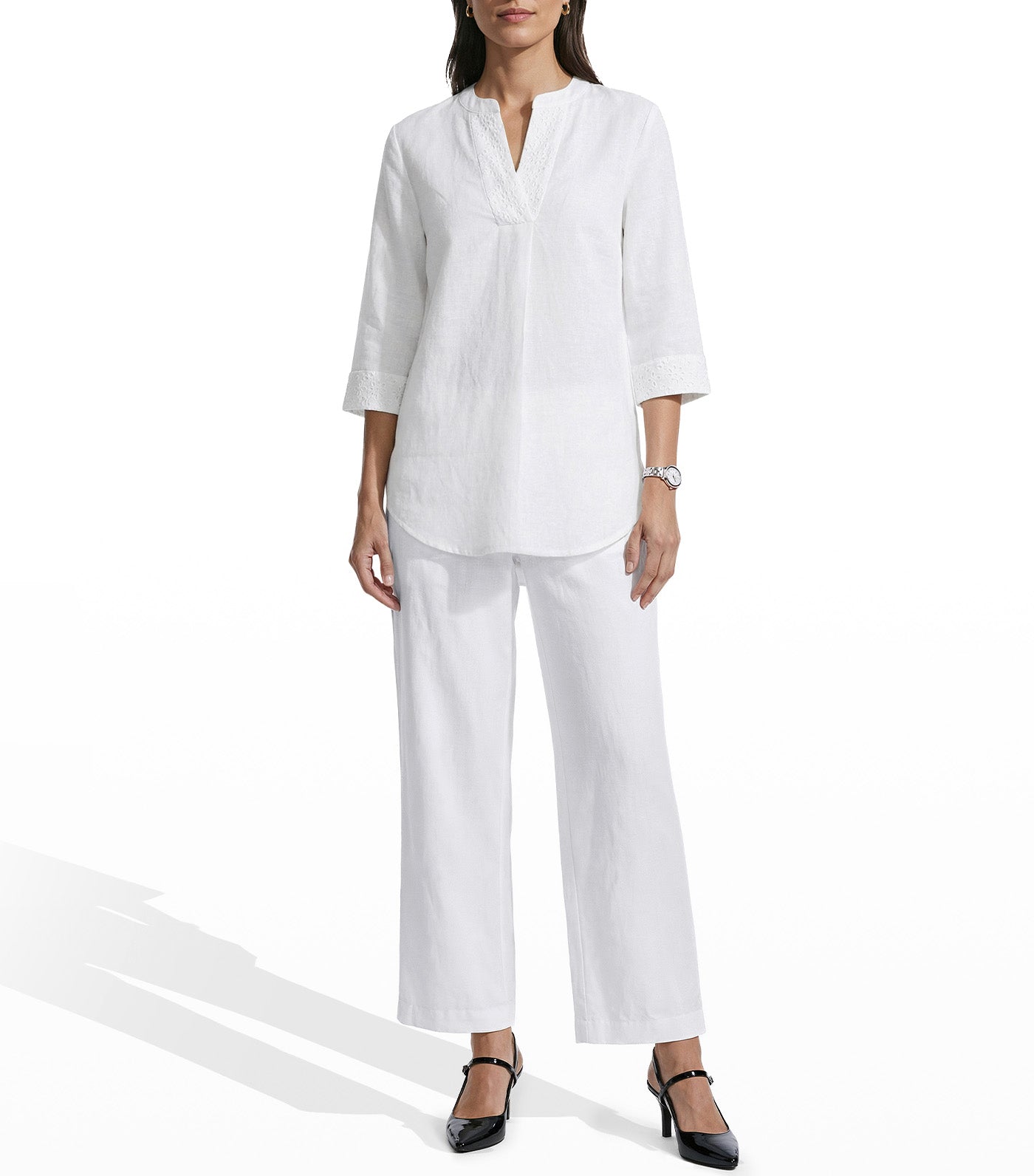 Anne Klein Three-Quarter Sleeve V-Neck Tunic with Combo Cuffs and Placket White