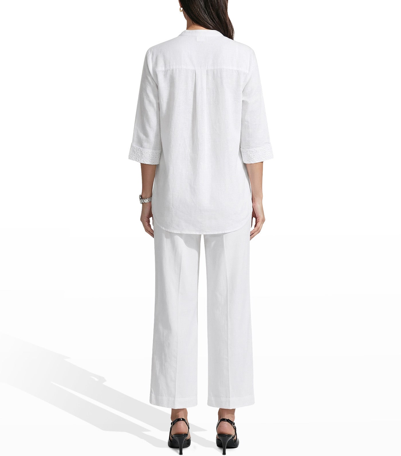 Anne Klein Three-Quarter Sleeve V-Neck Tunic with Combo Cuffs and Placket White