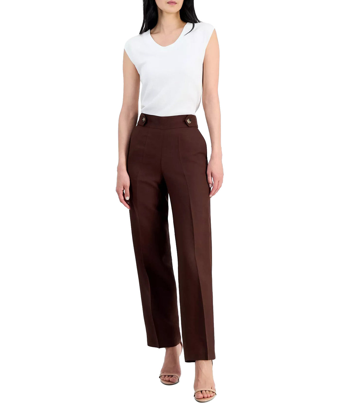 Linen-Blend Pull On Wide-Leg Pants Dark Brown