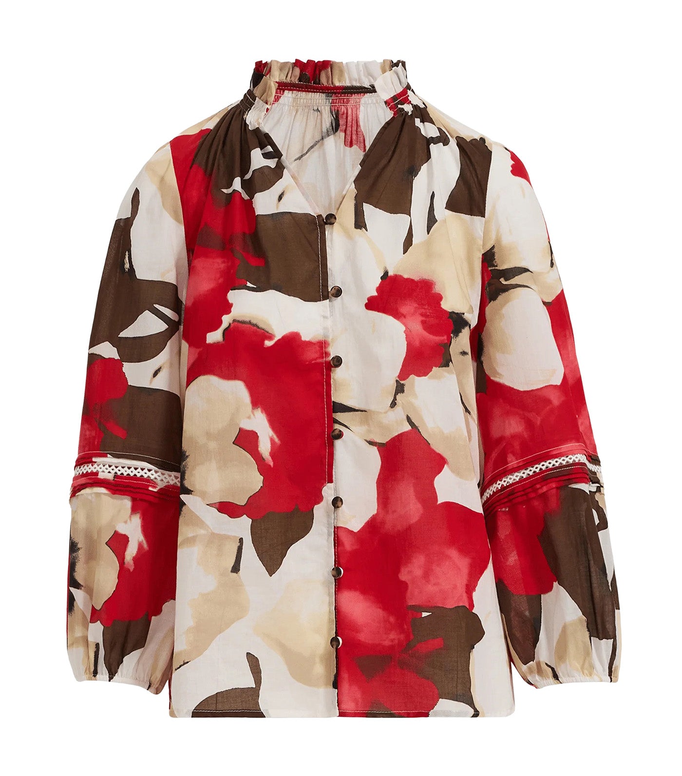 Petite Ruffle Neck Button Front Top With Detail Sleeves Multi