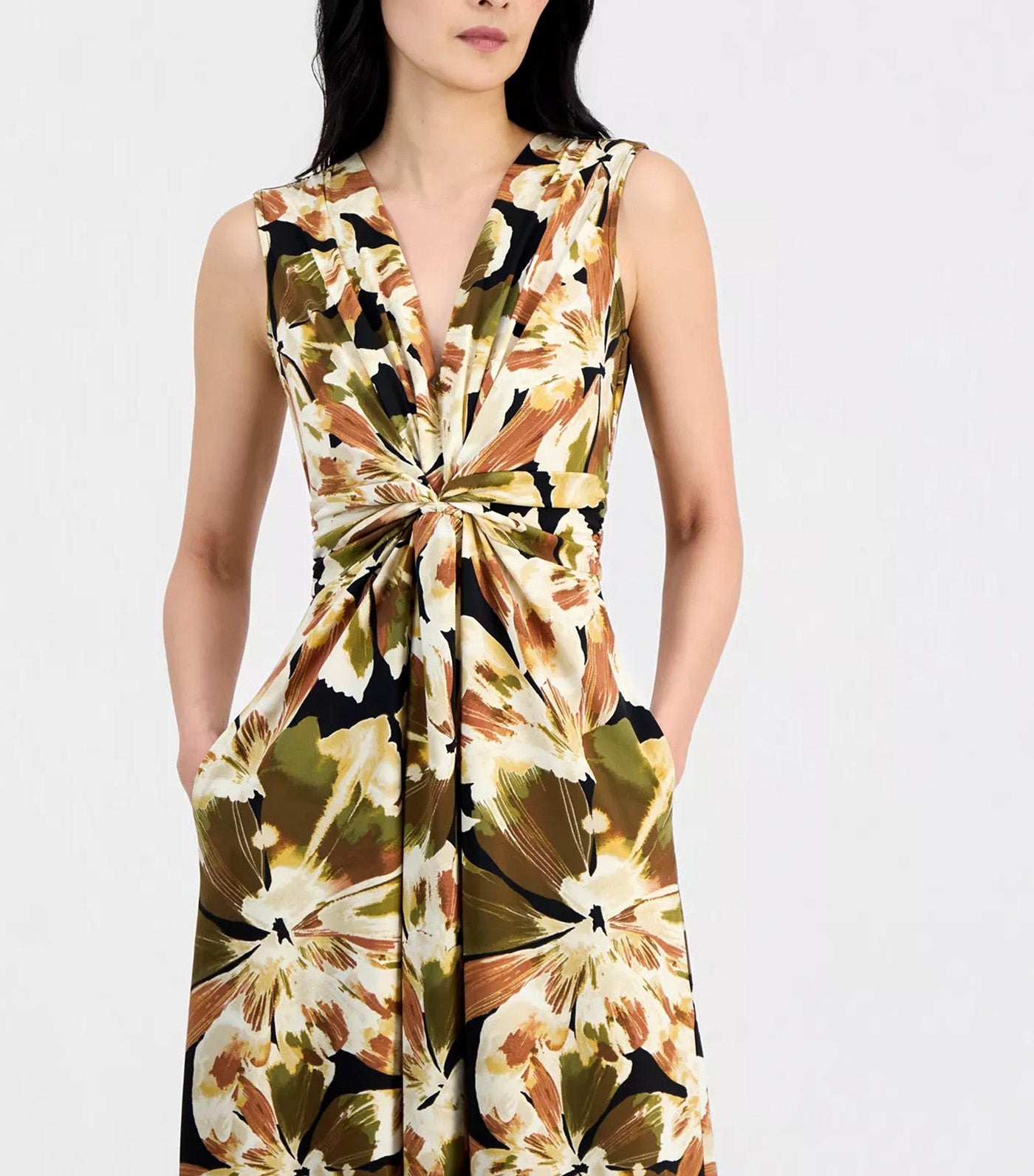 Twist-Front Sleeveless Maxi Dress Black Multi