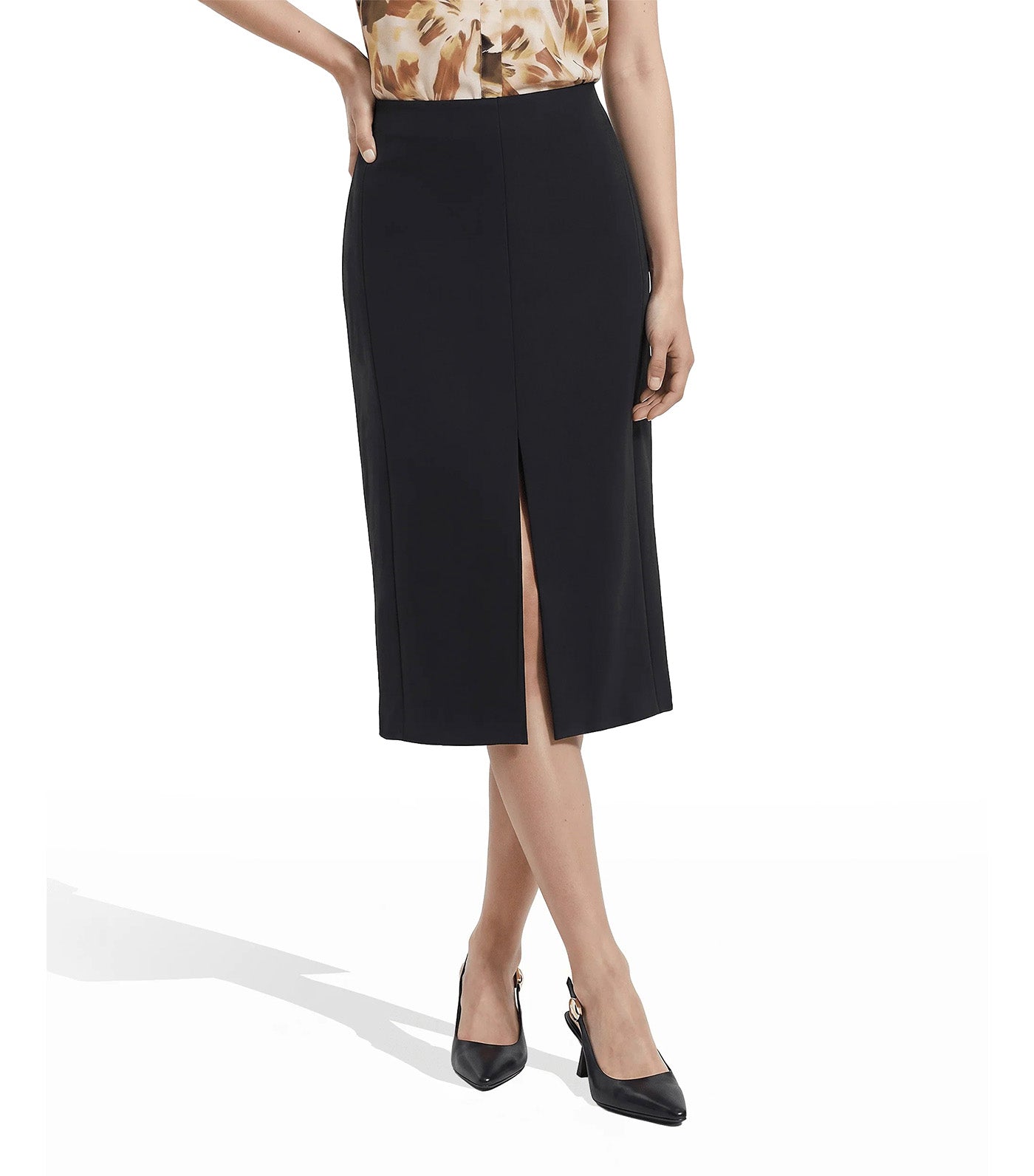 Pull-On Pencil Skirt with Front Slit Black