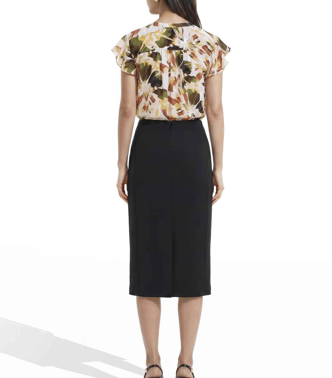 Pull-On Pencil Skirt with Front Slit Black