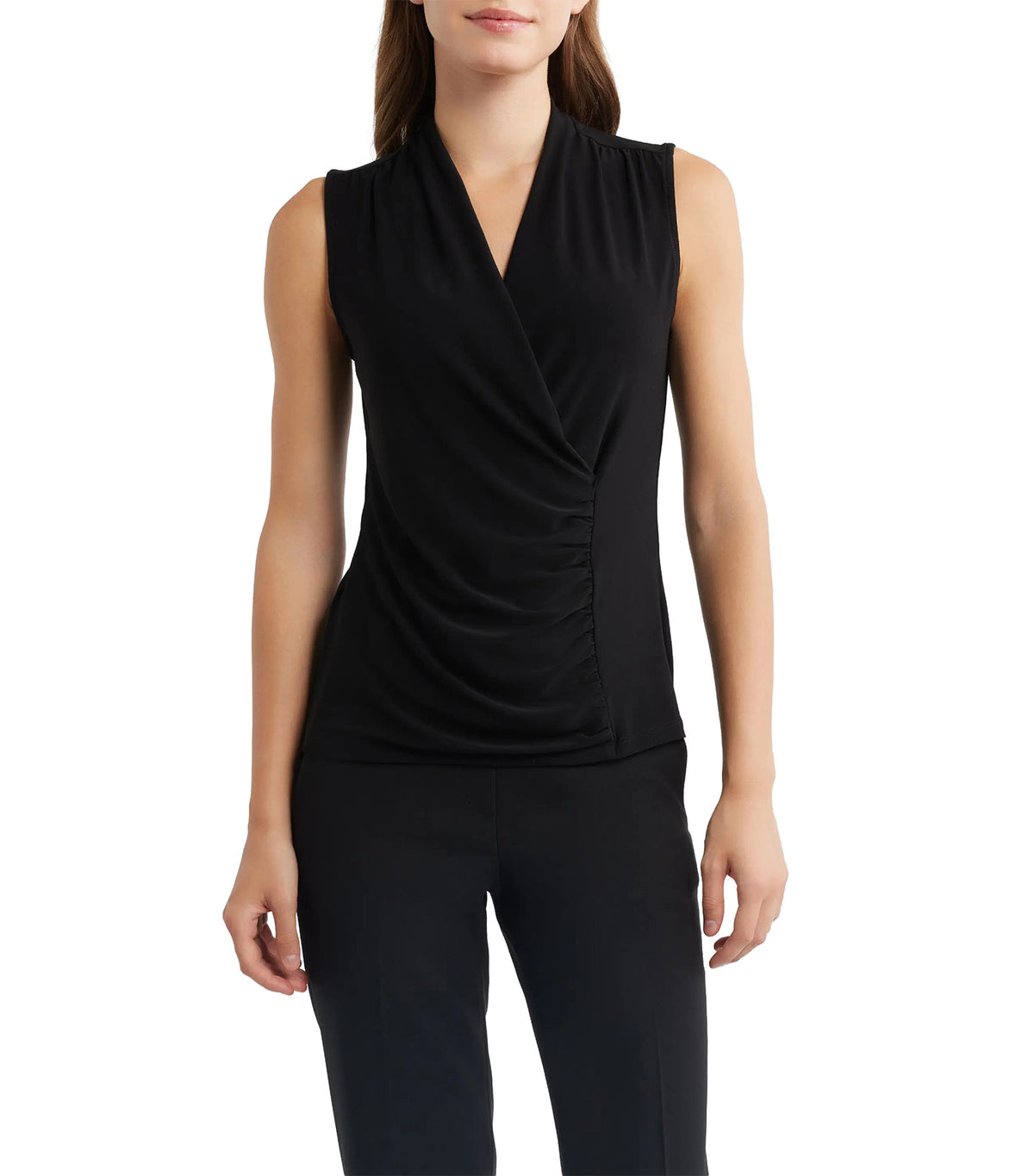 Ruched Faux Wrap Top Black