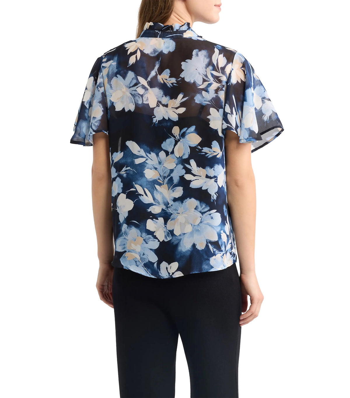 Pleated Floral Stand Collar Top Blue Multi